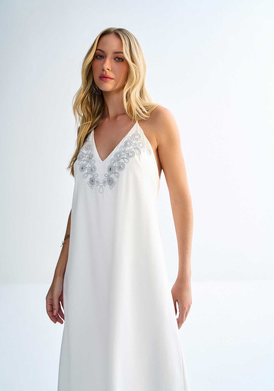 Vestido Midi Alongado com Bordado Decote, . Vestido Midi Alongado com Bordado Decote, , large.