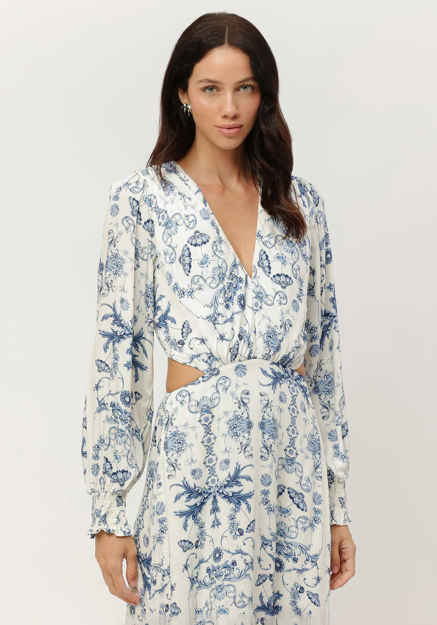 Vestido Longo Manga Longa Estampado com Cut Out, , large.