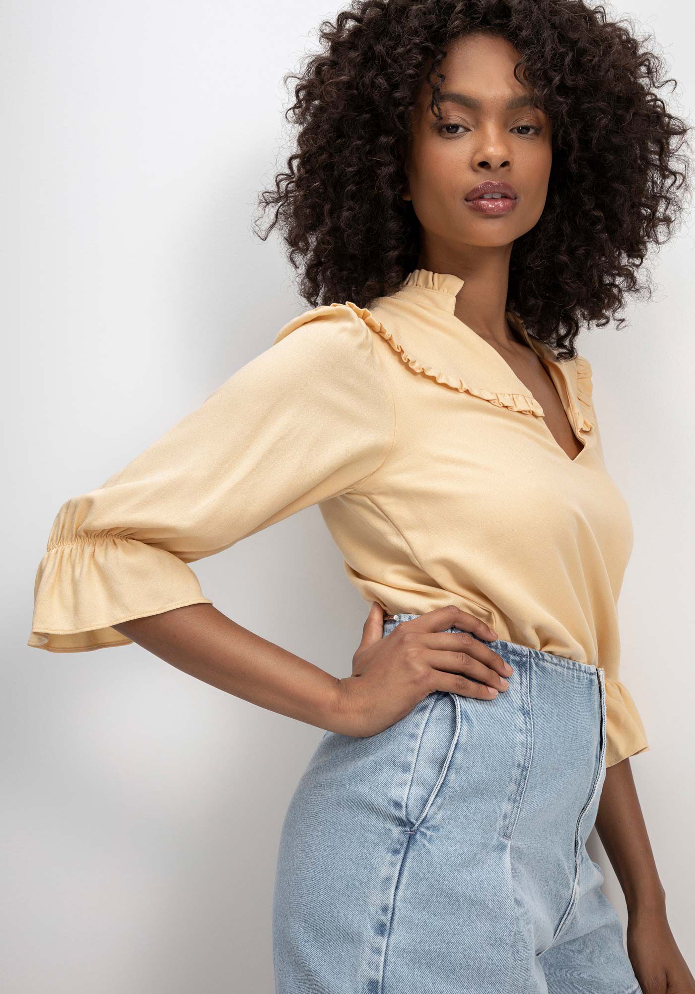Blusa manga longa de crepe clearance