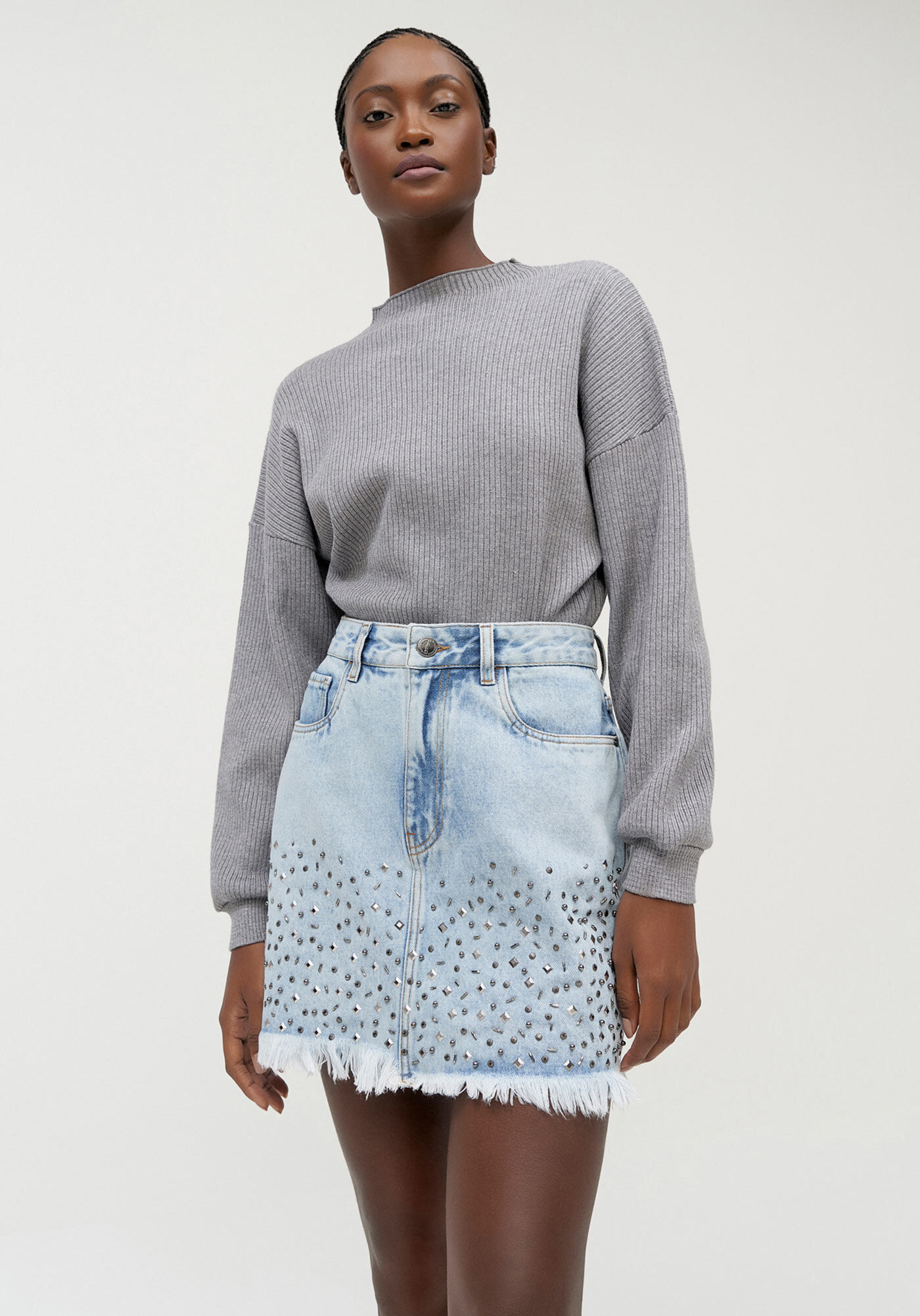 Saia Jeans Curta Cintura Alta com Bordado, JEANS, large.