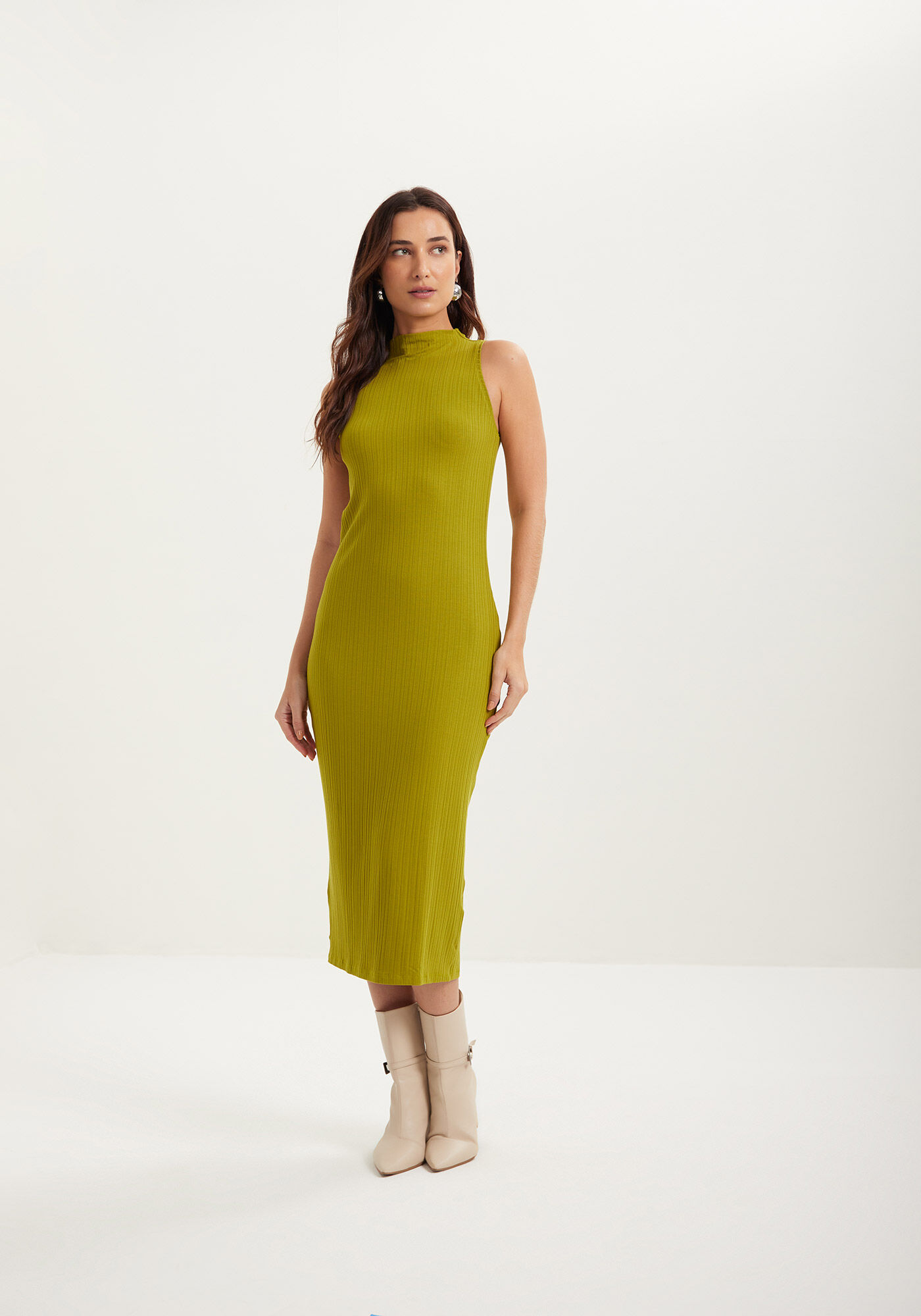 Vestido Midi B&aacute;sico Em Malha Canelada De Viscose, , large.