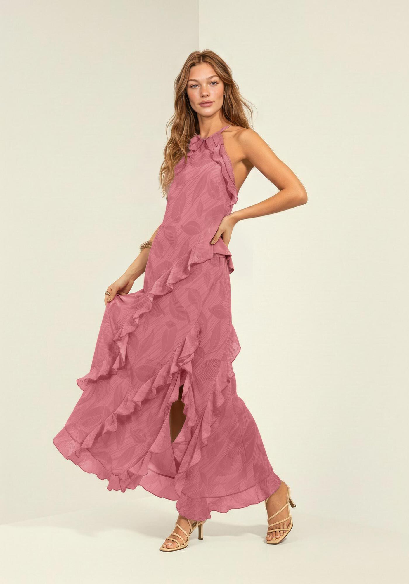 Vestido Longo Assim&eacute;trico Estampado Com Babados, GREEN LEAF ROSA, large.