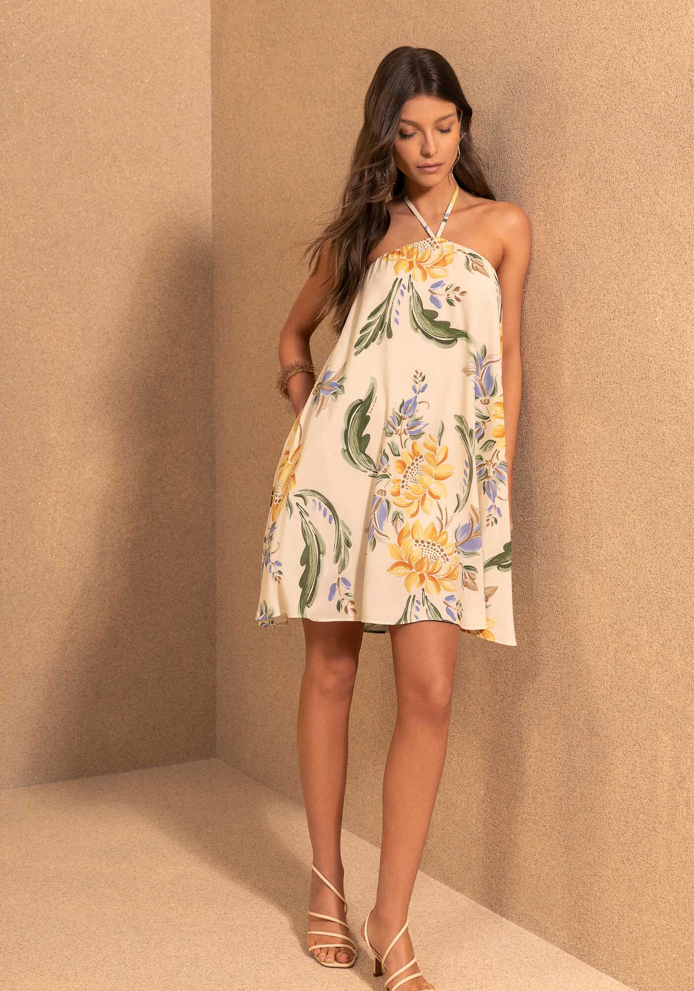 Vestido Frente &Uacute;nica Curto Estampado Com Amarra&ccedil;&atilde;o, SUNFLOWER AMARELO, large.