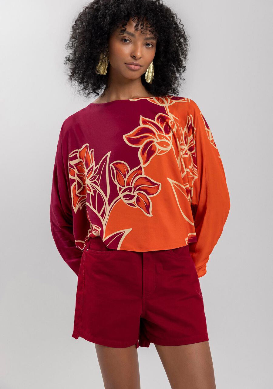 Blusa Curta Estampada Com Mangas Longas E Franzidos, . Blusa Curta Estampada Com Mangas Longas E Franzidos, , large.