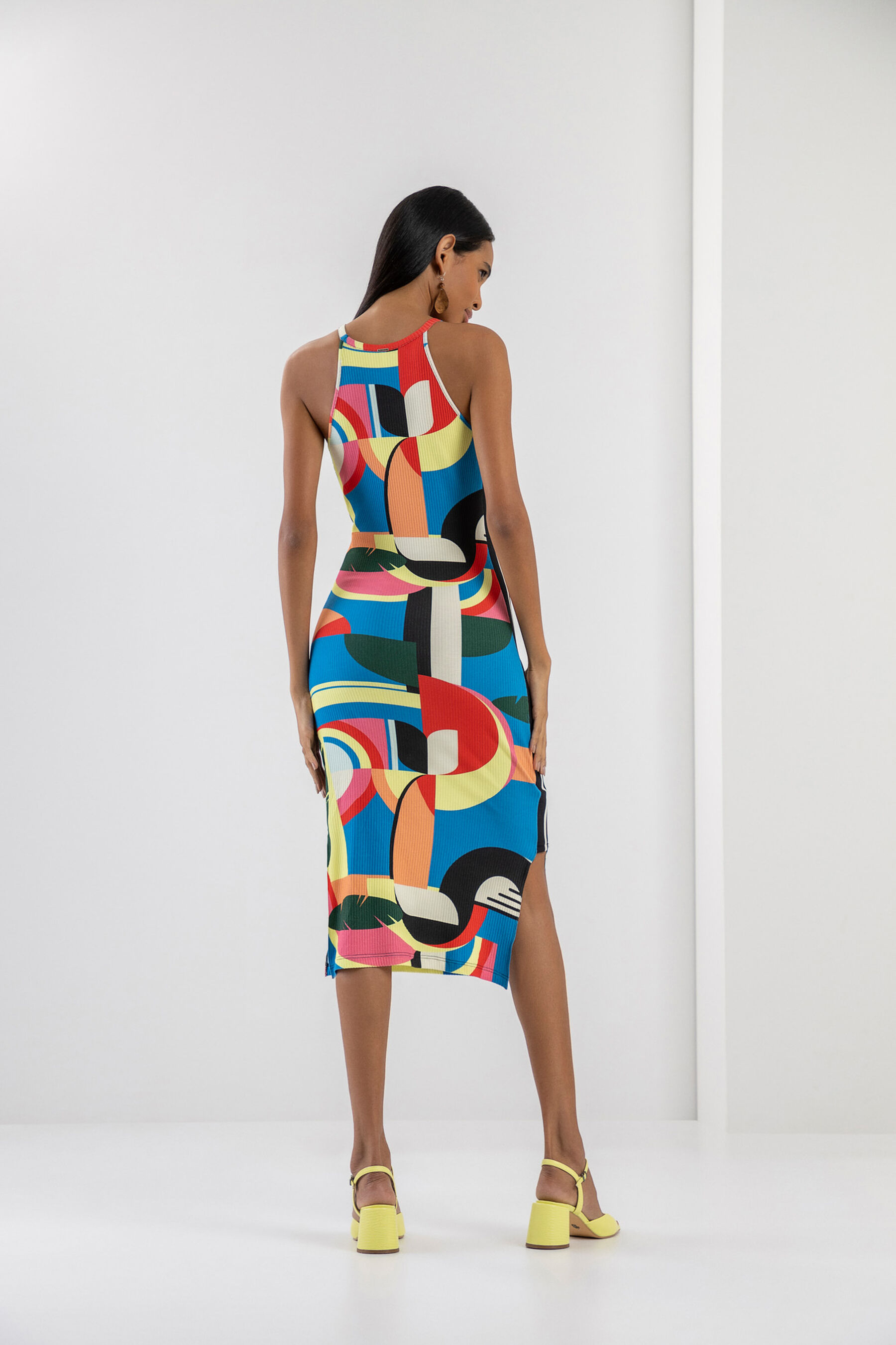 Vestido Midi Canelado Estampado com Recorte Lateral, . Vestido Midi Canelado Estampado com Recorte Lateral, , large.