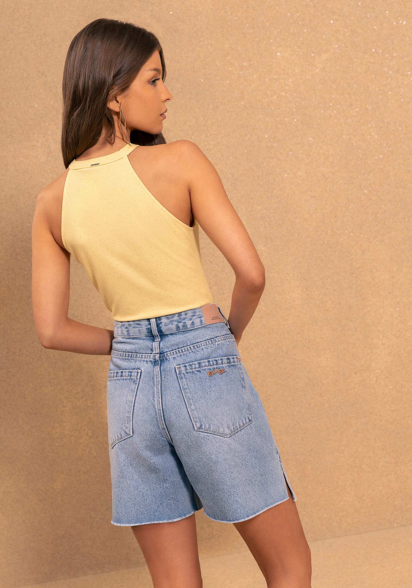 Bermuda Jeans De Cintura Alta Com Aberturas Laterais, JEANS, large.