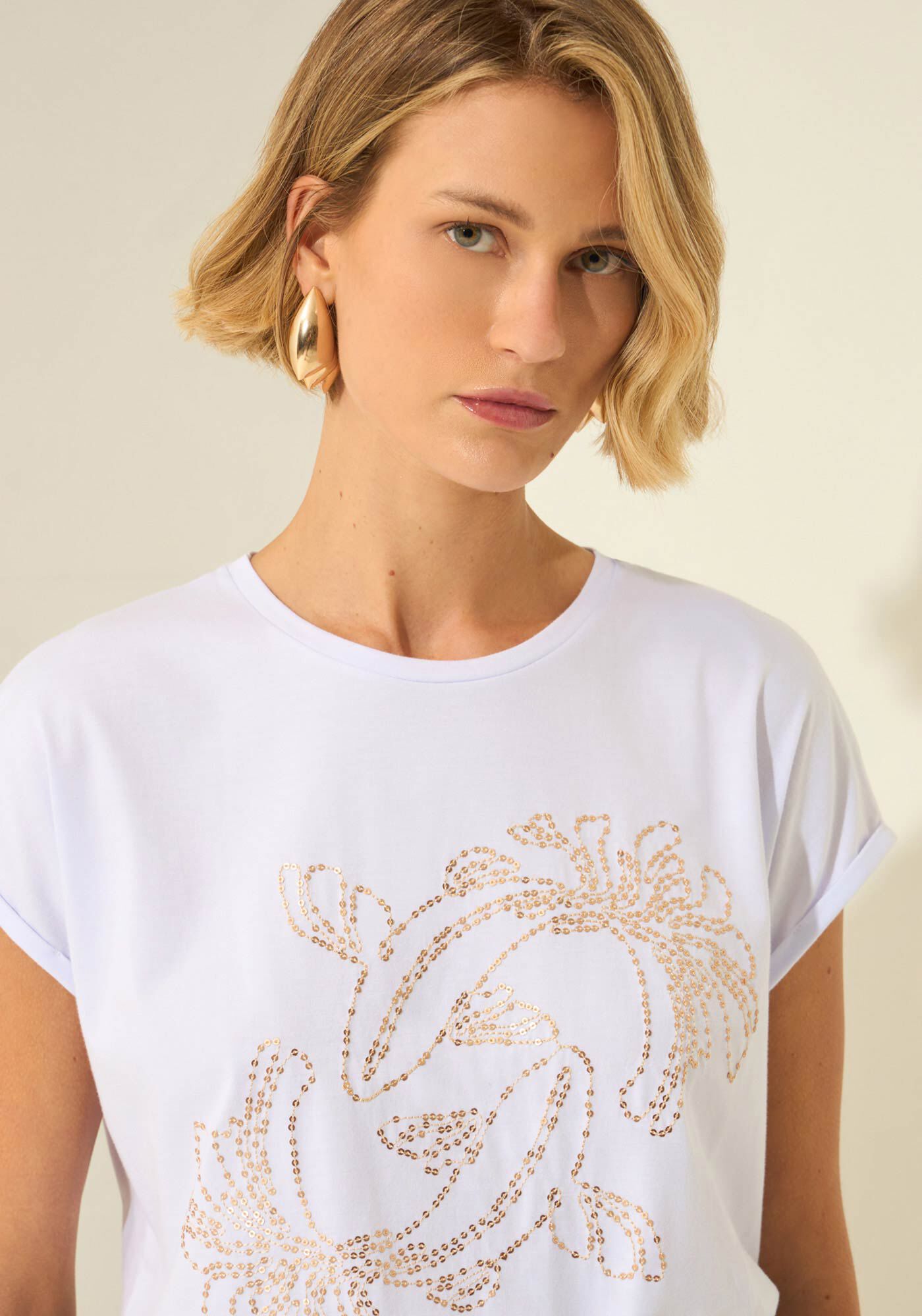 T- shirt Com Bordado Em Algod&atilde;o Penteado, BRANCO, large.