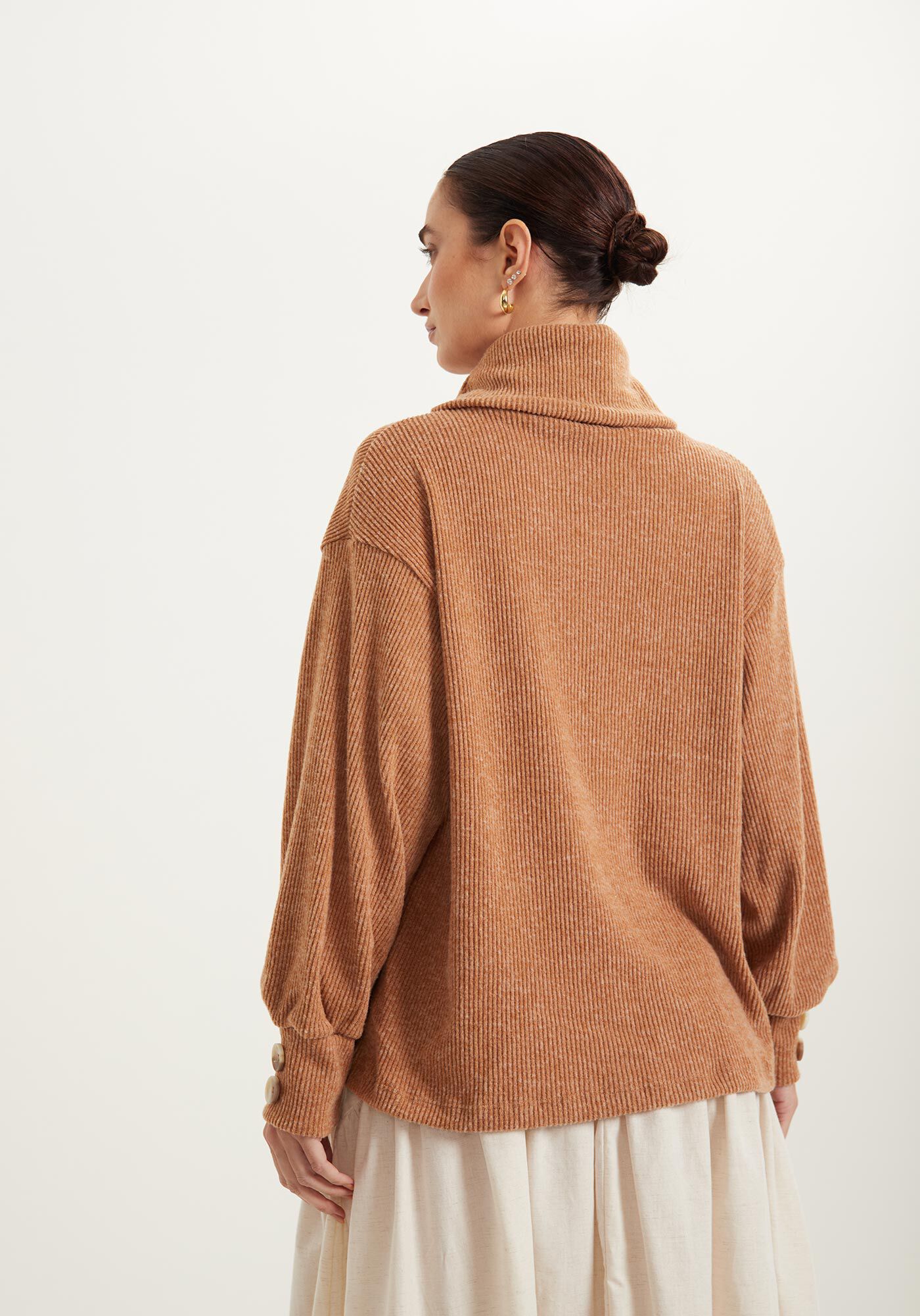 Blusa De Mangas Longas Em Malha Canelada Com Gola Alta, , large.