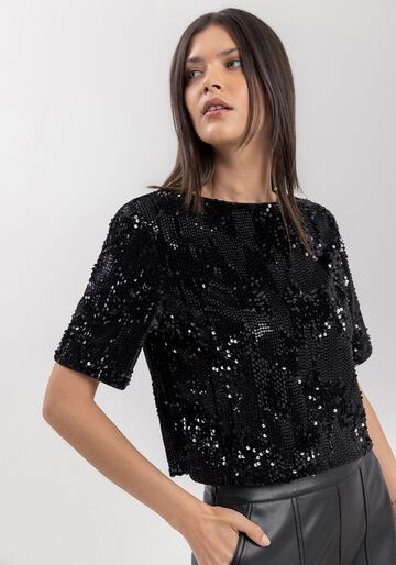 Blusa Curta De Mangas Em Veludo Com Paetês, PRETO. Blusa Curta De Mangas Em Veludo Com Paetês, PRETO, large.