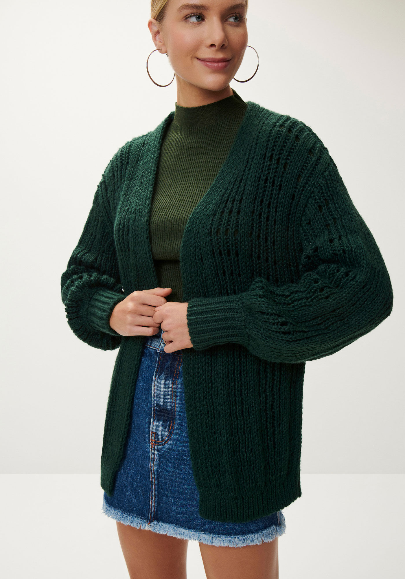 Cardigan em Tric&ocirc; Rendilhado com Manga Bufante, , large.