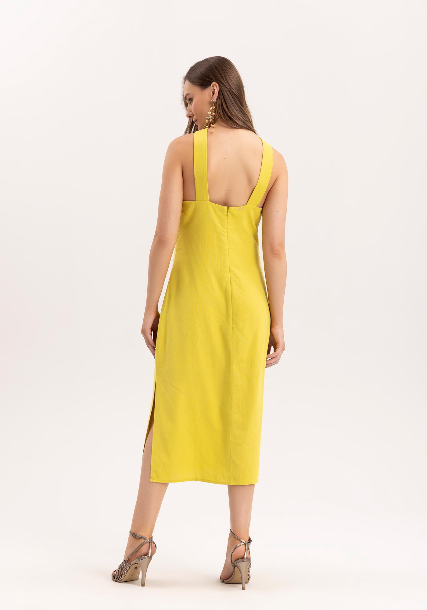 Vestido Midi em Linho com Decote Cross Neck, , large.