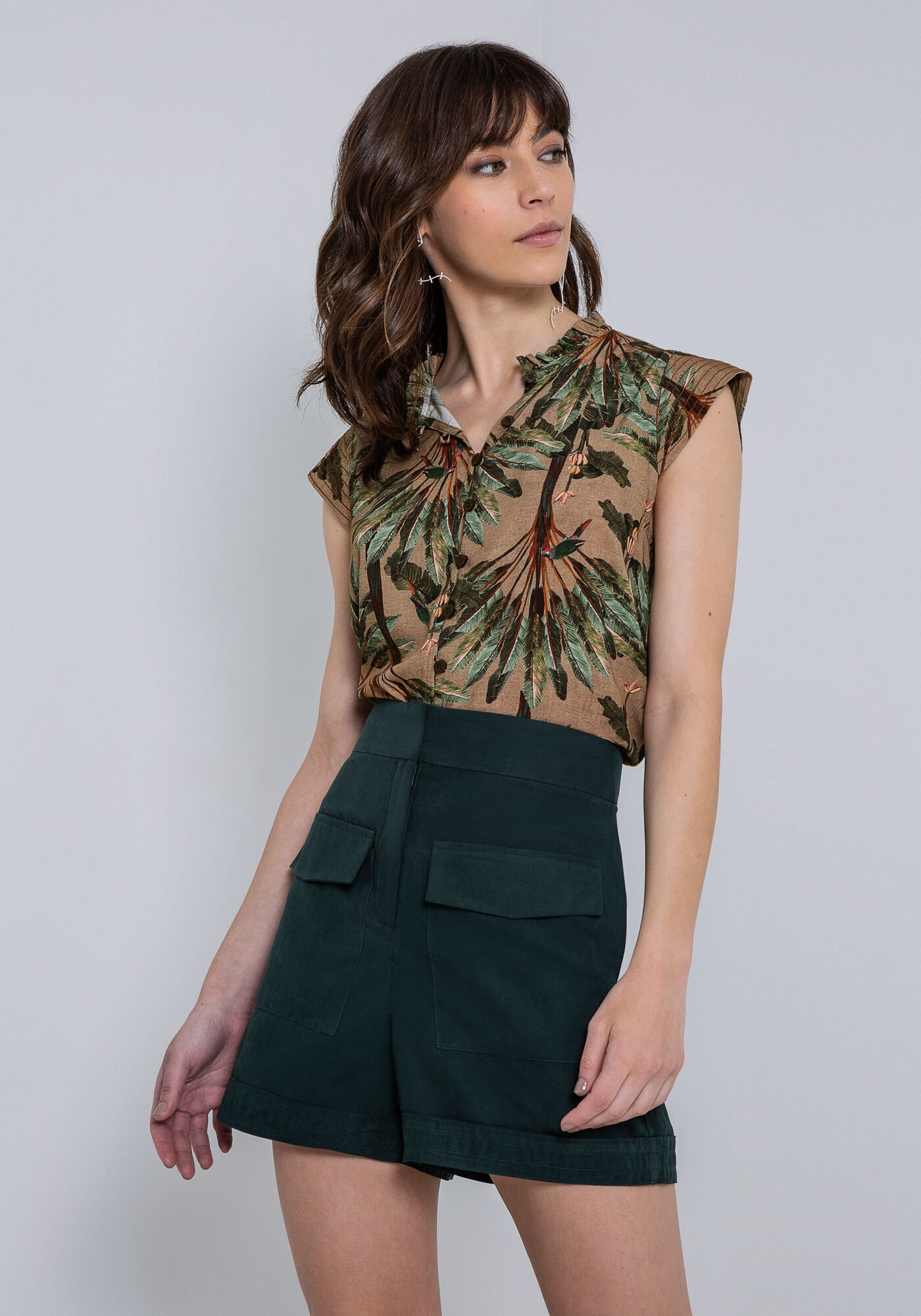 Shorts Cintura Alta em Tecido Peach com Bolsos, , large.