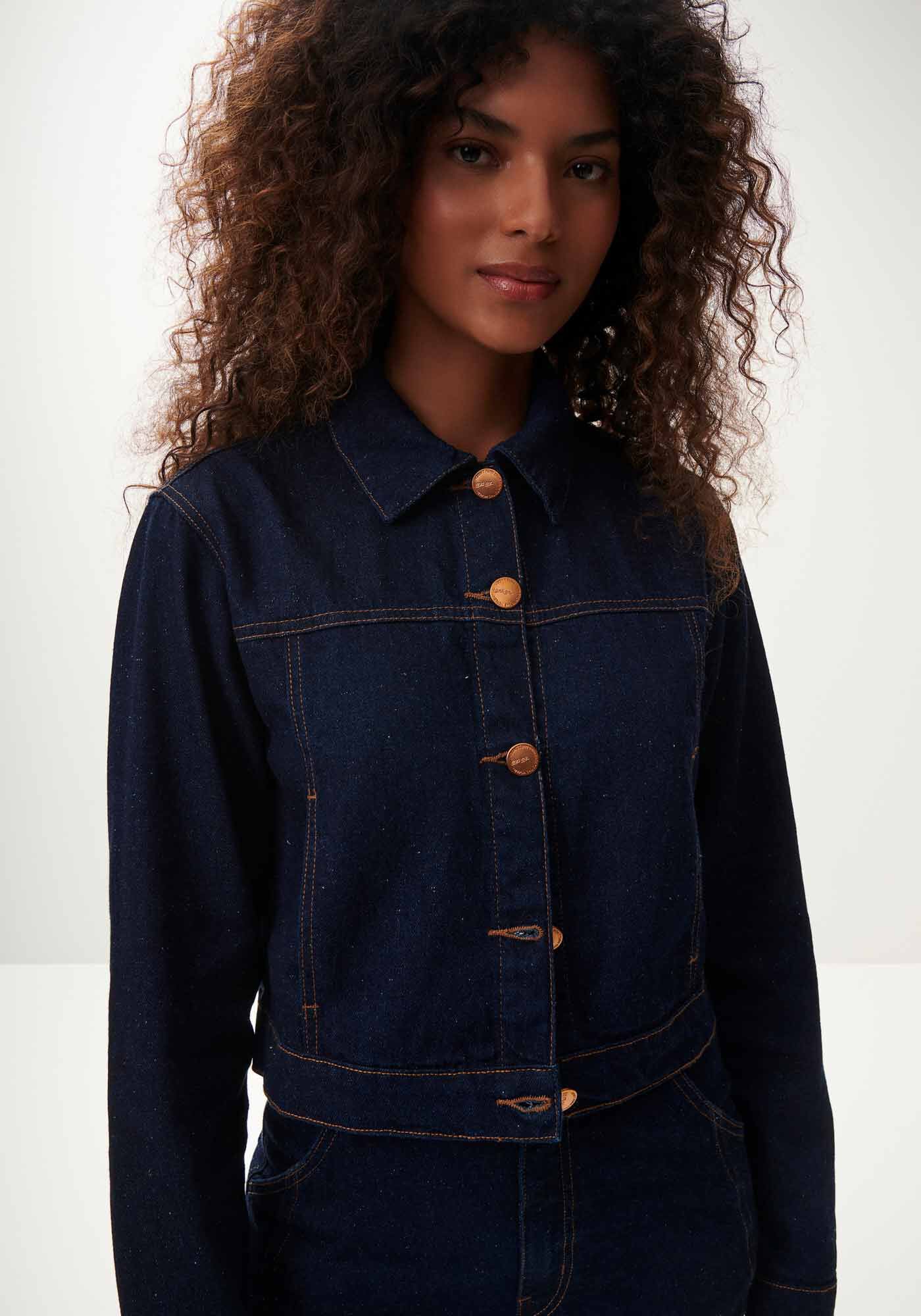 Jaqueta Jeans Cropped Sustent&aacute;vel, JEANS, large.