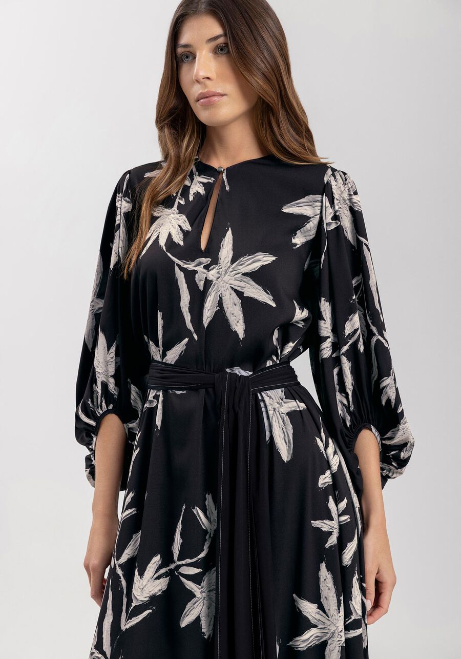 Vestido Longo Estampado Com Mangas Amplas E Faixa Ajustável, . Vestido Longo Estampado Com Mangas Amplas E Faixa Ajustável, , large.