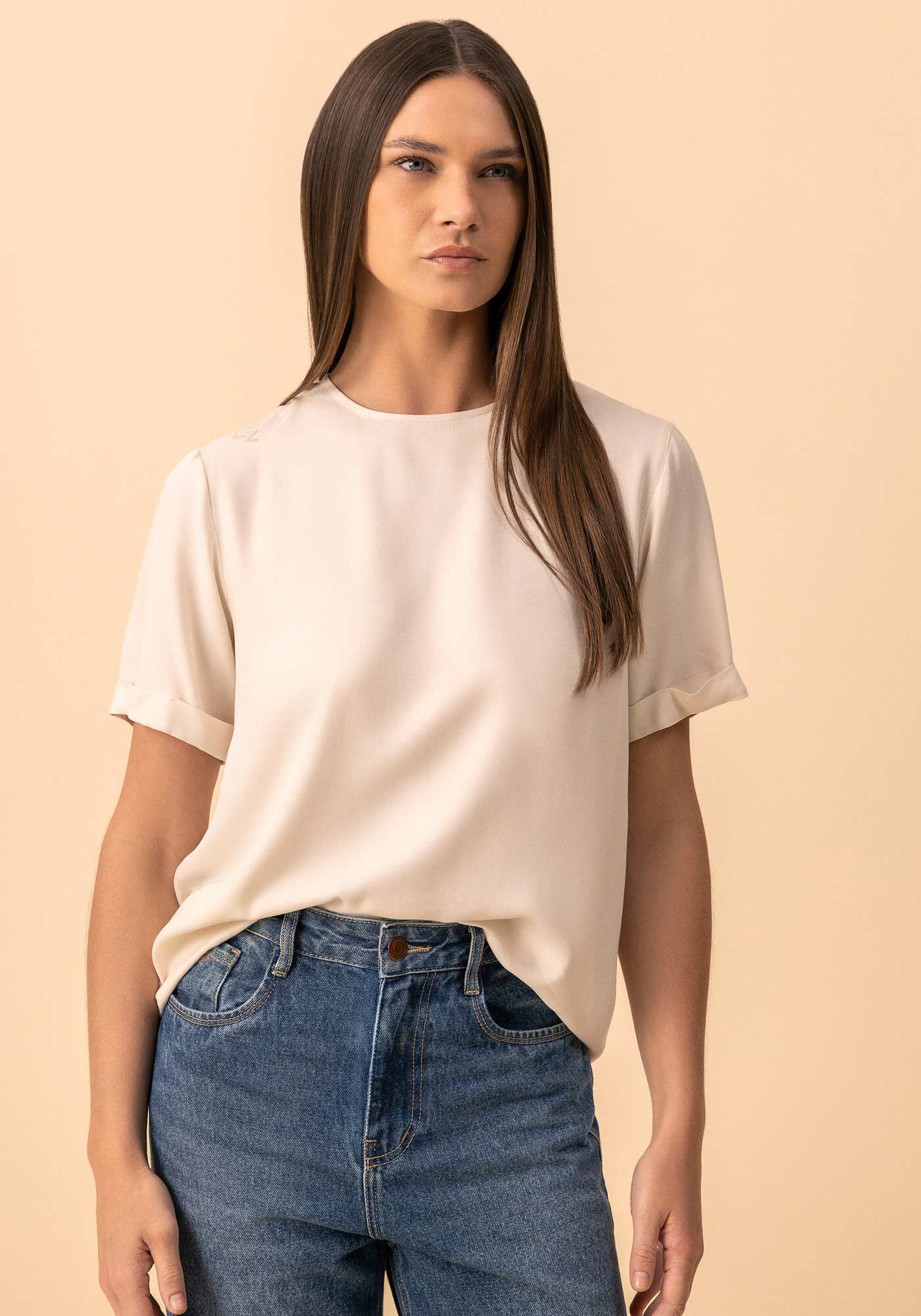 Blusa De Mangas Curtas Com Bordado Localizado Essential, BEGE ALHAMBRA, large.