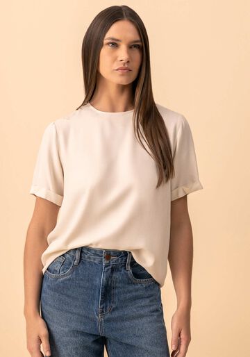 Blusa De Mangas Curtas Com Bordado Localizado Essential, BEGE ALHAMBRA. Blusa De Mangas Curtas Com Bordado Localizado Essential, BEGE ALHAMBRA, large.