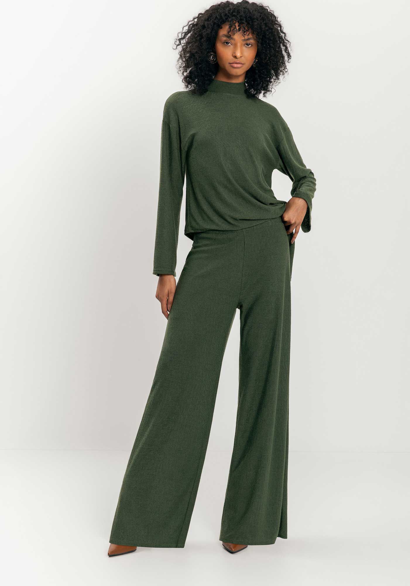 Cal&ccedil;a Pantalona De Cintura Alta Em Malha R&uacute;stica, VERDE COOPER, large.