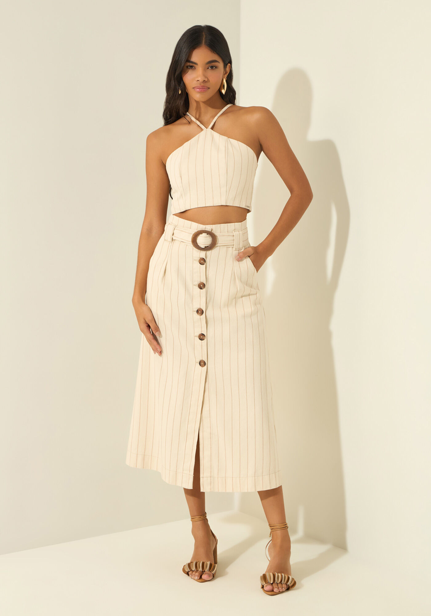 Saia Midi De Cintura Alta Com Cinto Em Sarja Listrada, LISTRADO NATURAL, large.