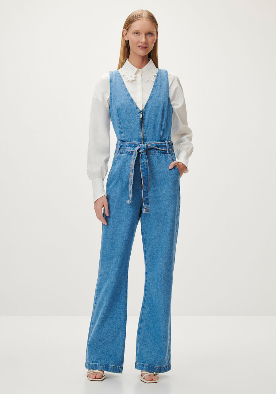 Macacão Jeans Longo com Zíper e Cinto, . Macacão Jeans Longo com Zíper e Cinto, , large.