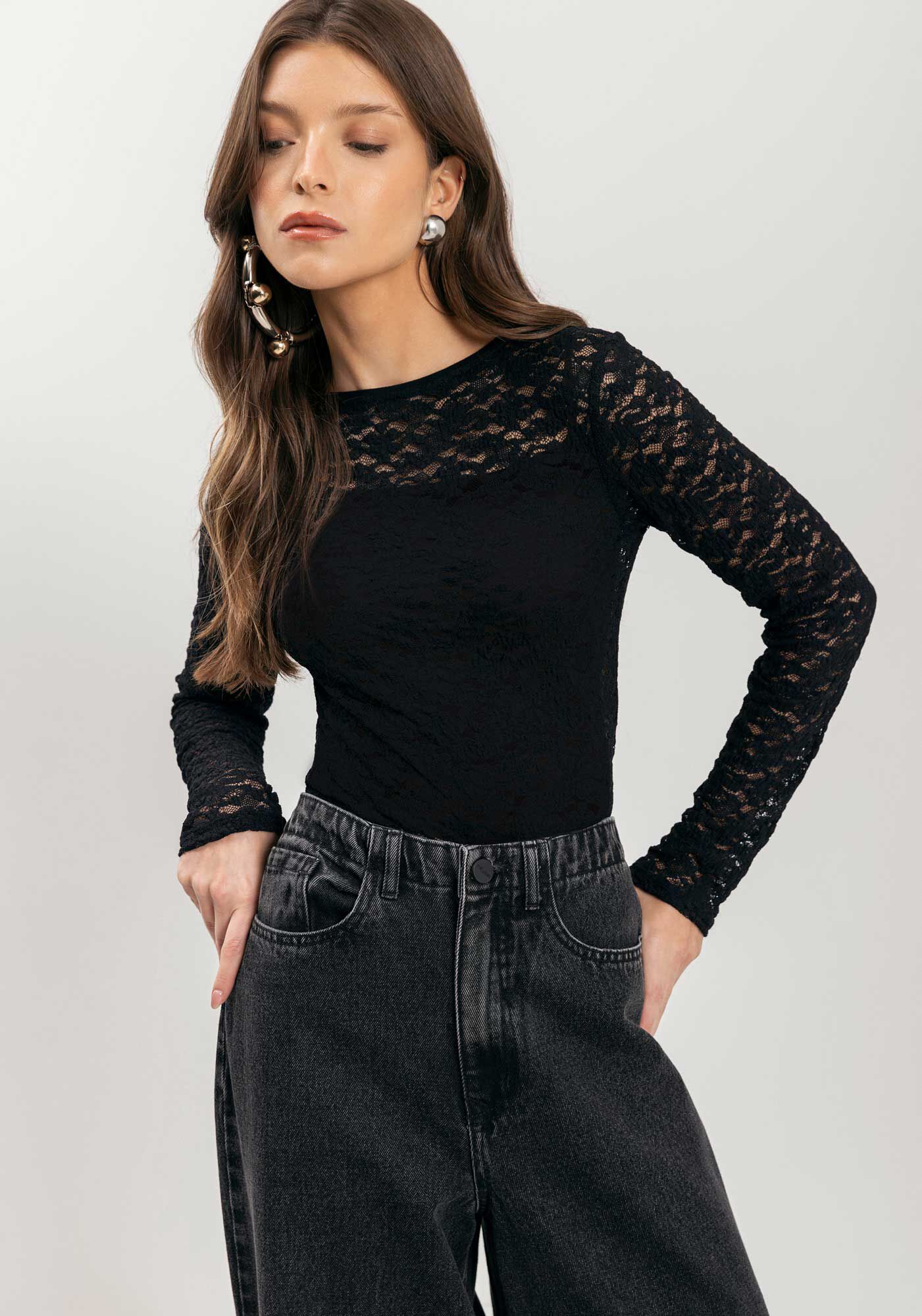 Blusa De Manga Longa Em Renda Com Top De Al&ccedil;as, PRETO, large.
