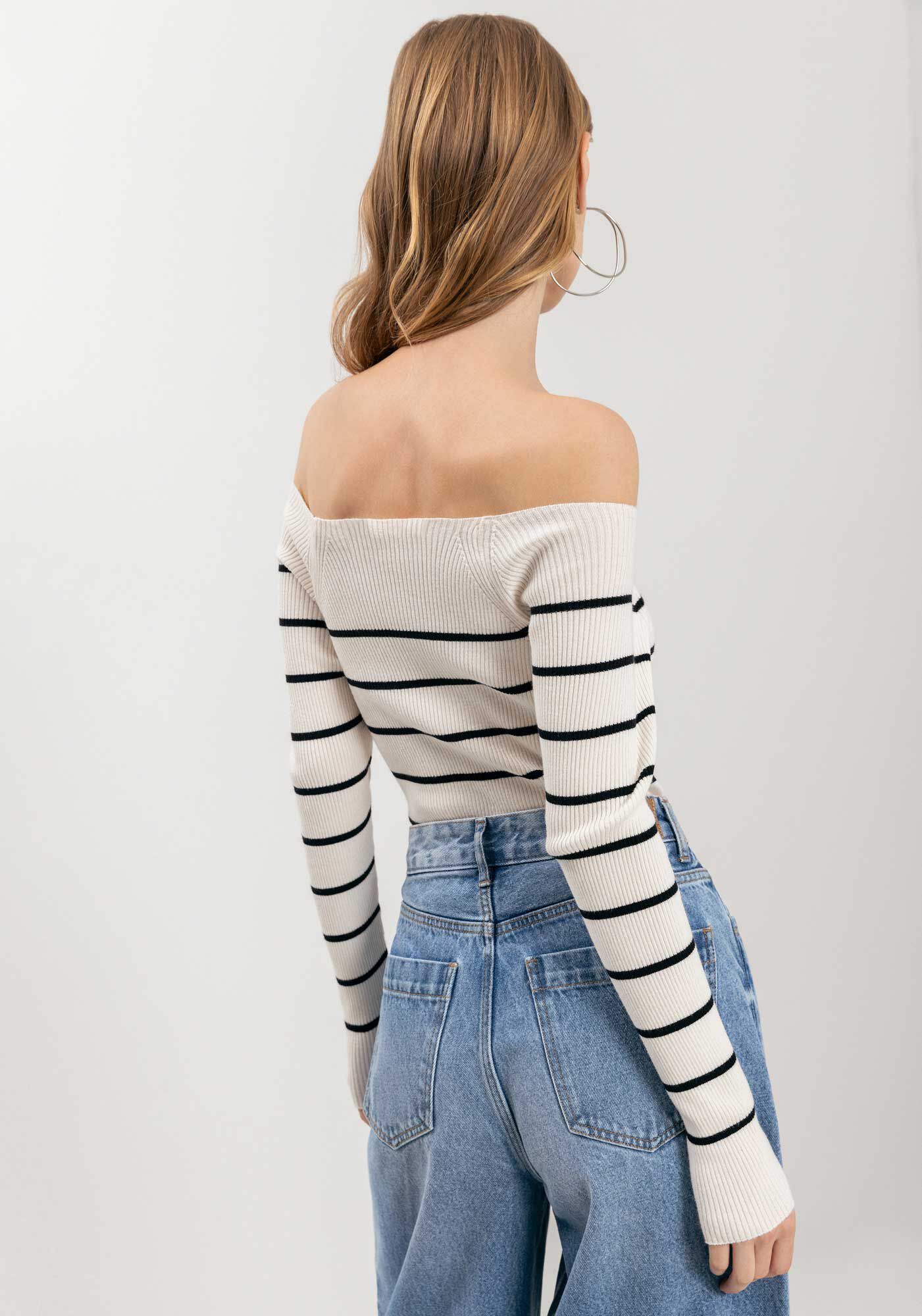 Blusa Ombro A Ombro De Mangas Longas Em Tric&ocirc;, , large.