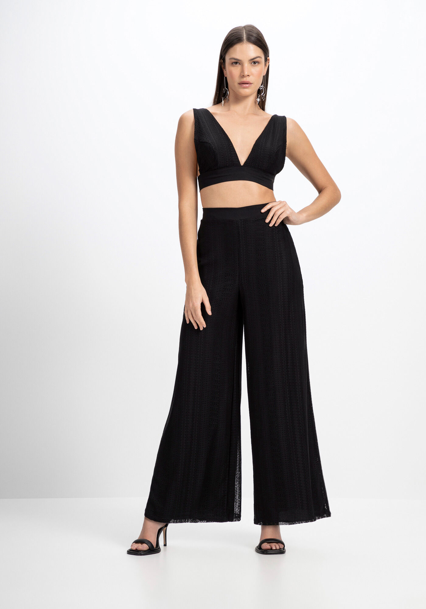 Blusa Cropped em Renda com Decote V, , large.