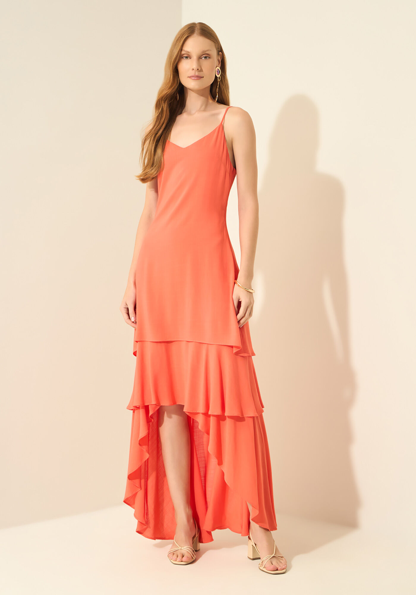 Vestido Longo De Al&ccedil;as Com Babados, SALMAO VERANO, large.