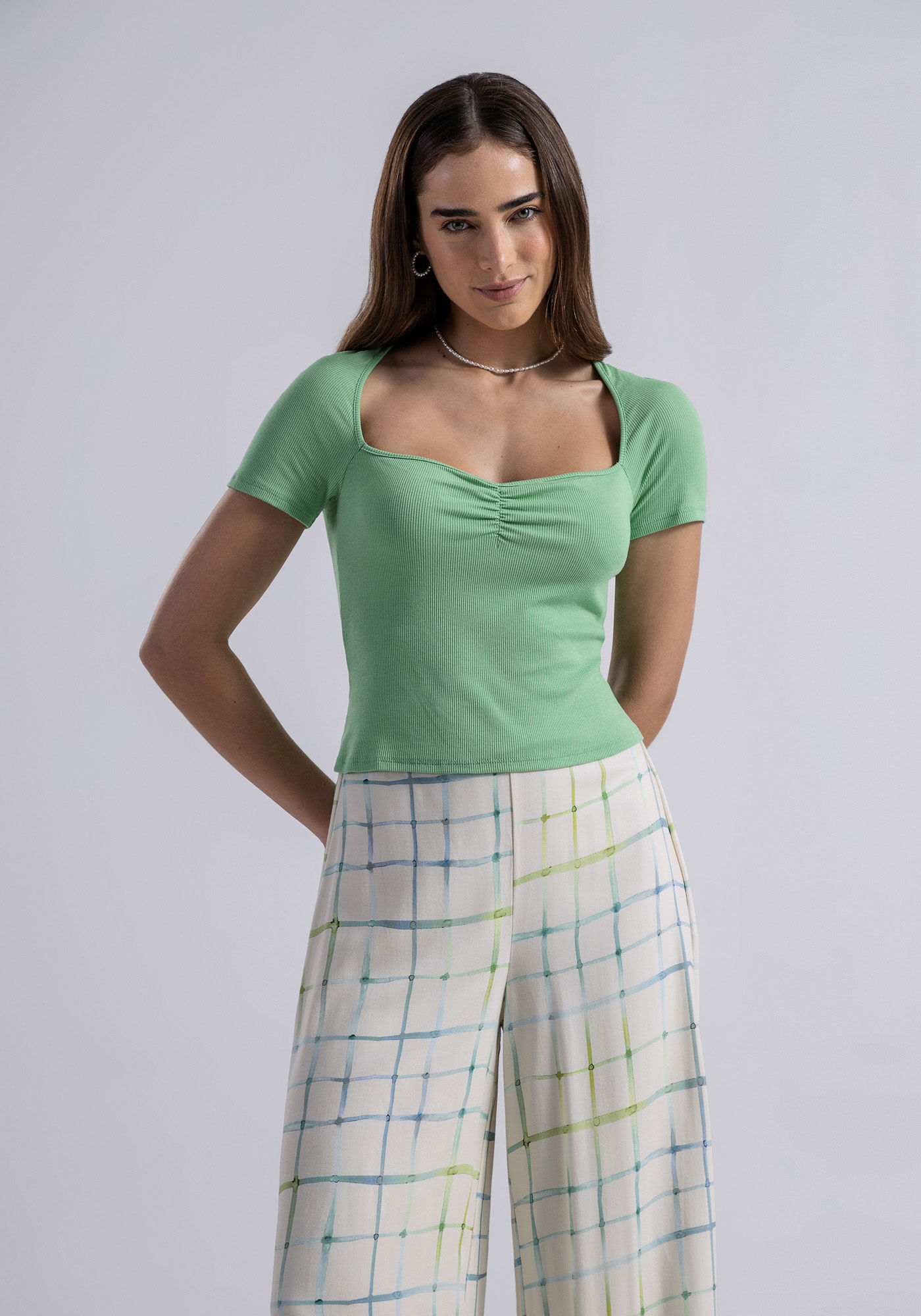 Blusa Manga Curta Canelada com Franzido Busto, , large.