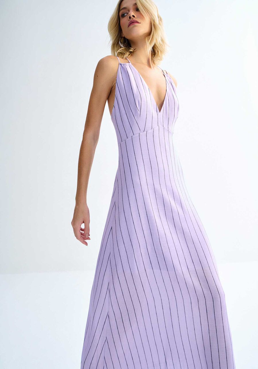 Vestido Midi Listrado em Viscose com Recorte Costas, ESSENCE LILAS. Vestido Midi Listrado em Viscose com Recorte Costas, ESSENCE LILAS, large.