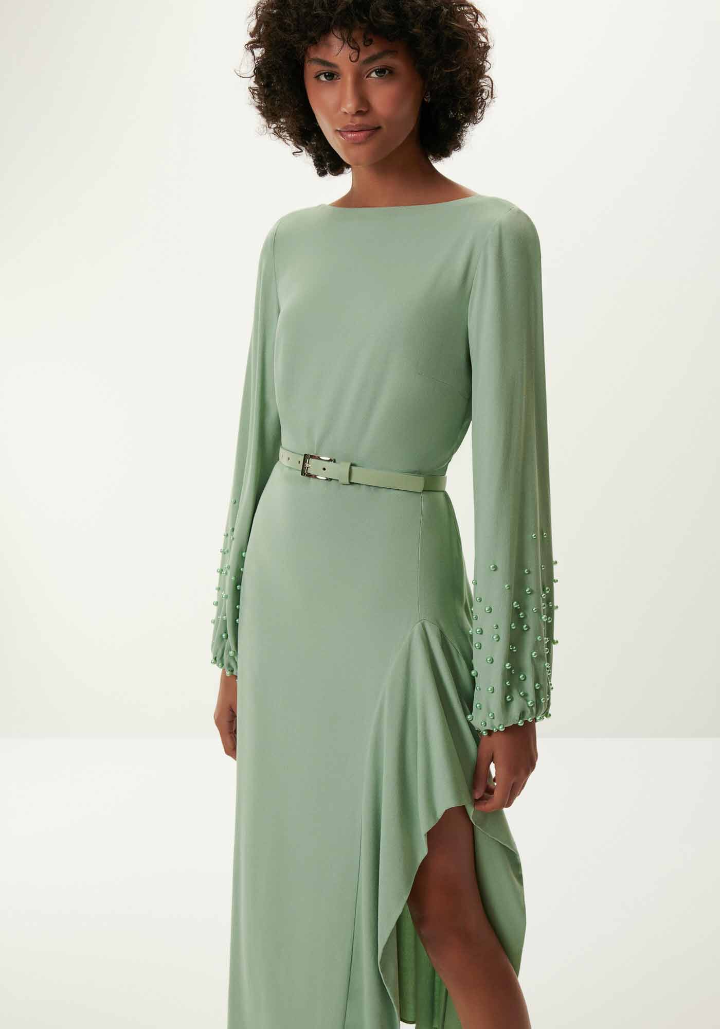 Vestido Midi Manga Longa com Fenda e P&eacute;rolas, , large.