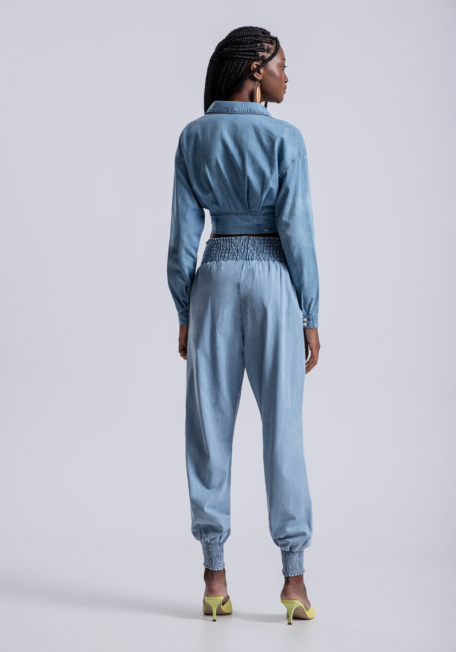 Camisa Jeans Manga Longa Cropped com Recorte Barra, . Camisa Jeans Manga Longa Cropped com Recorte Barra, , large.