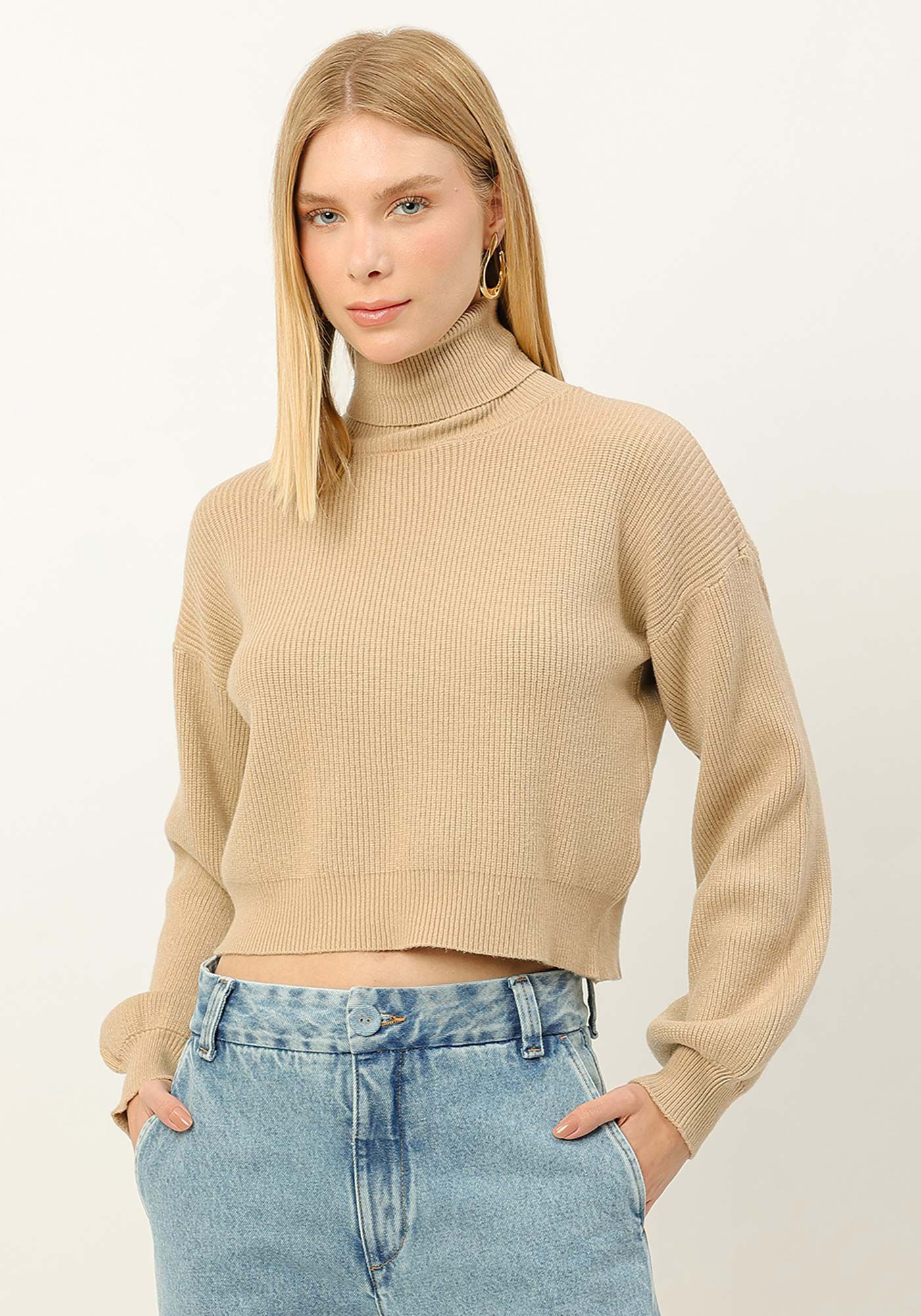 Blus&atilde;o Gola Alta em Tric&ocirc; com Manga Bufante, , large.