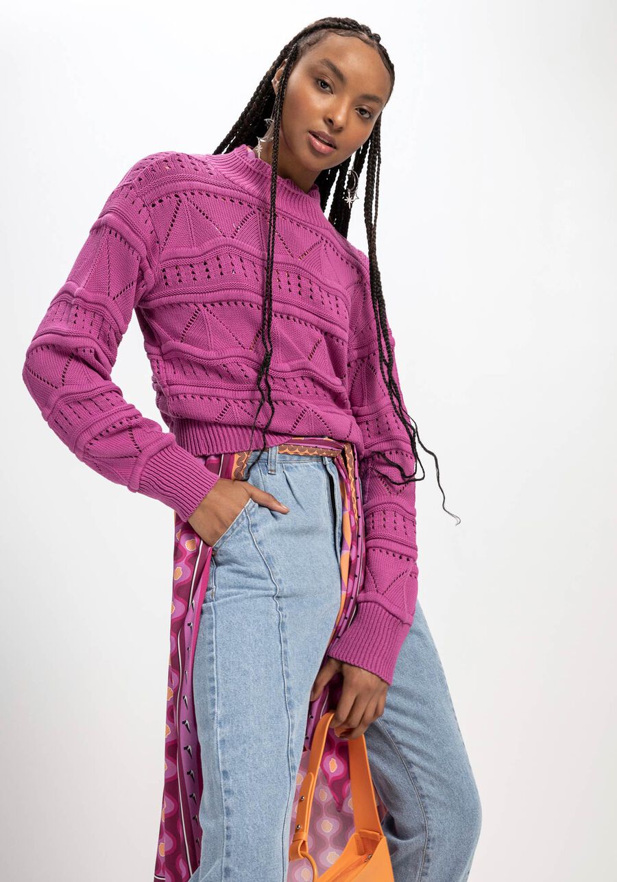 Blusão em Tricô Texturizado com Detalhe Gola, . Blusão em Tricô Texturizado com Detalhe Gola, , large.