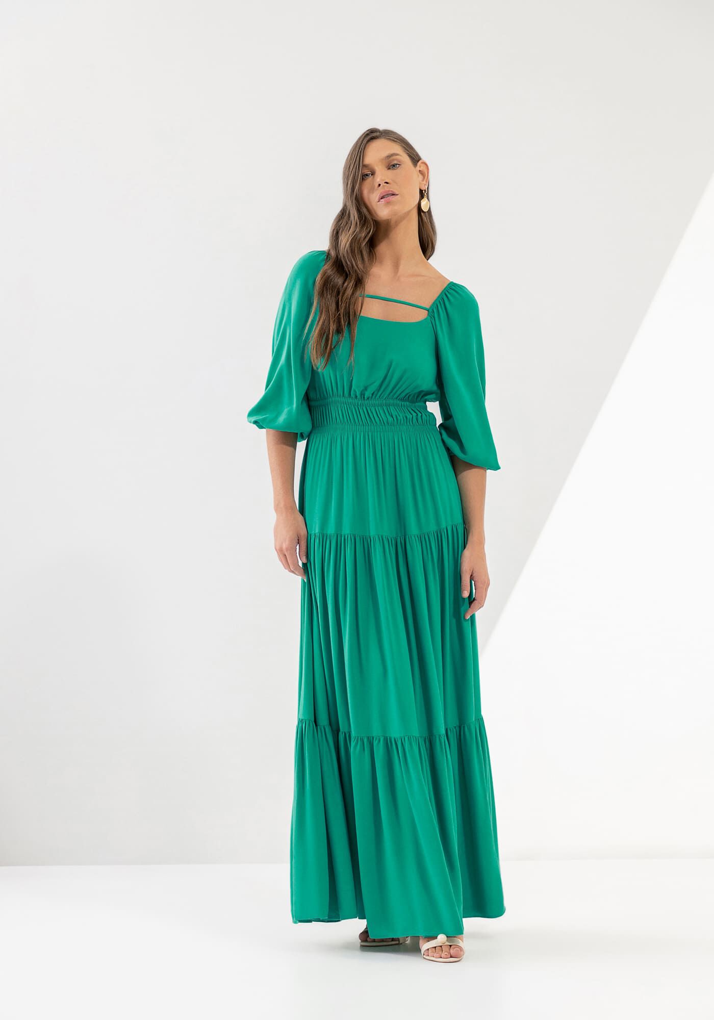 Vestido Midi Manga Bufante em Viscose com Babados, , large.