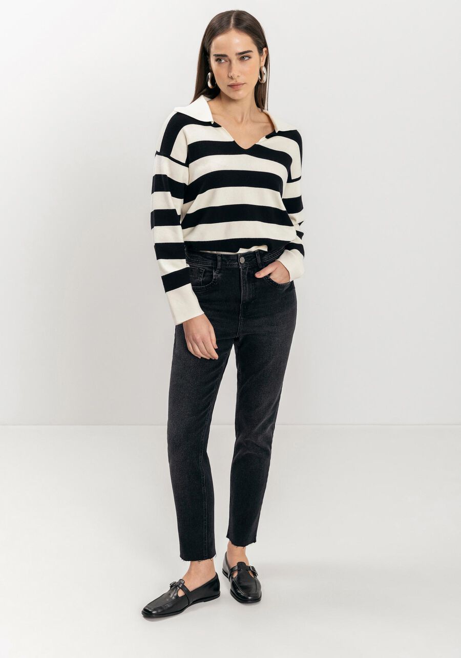 Calça Mom Jeans Comfort Com Cintura Alta E Barras A Fio, . Calça Mom Jeans Comfort Com Cintura Alta E Barras A Fio, , large.