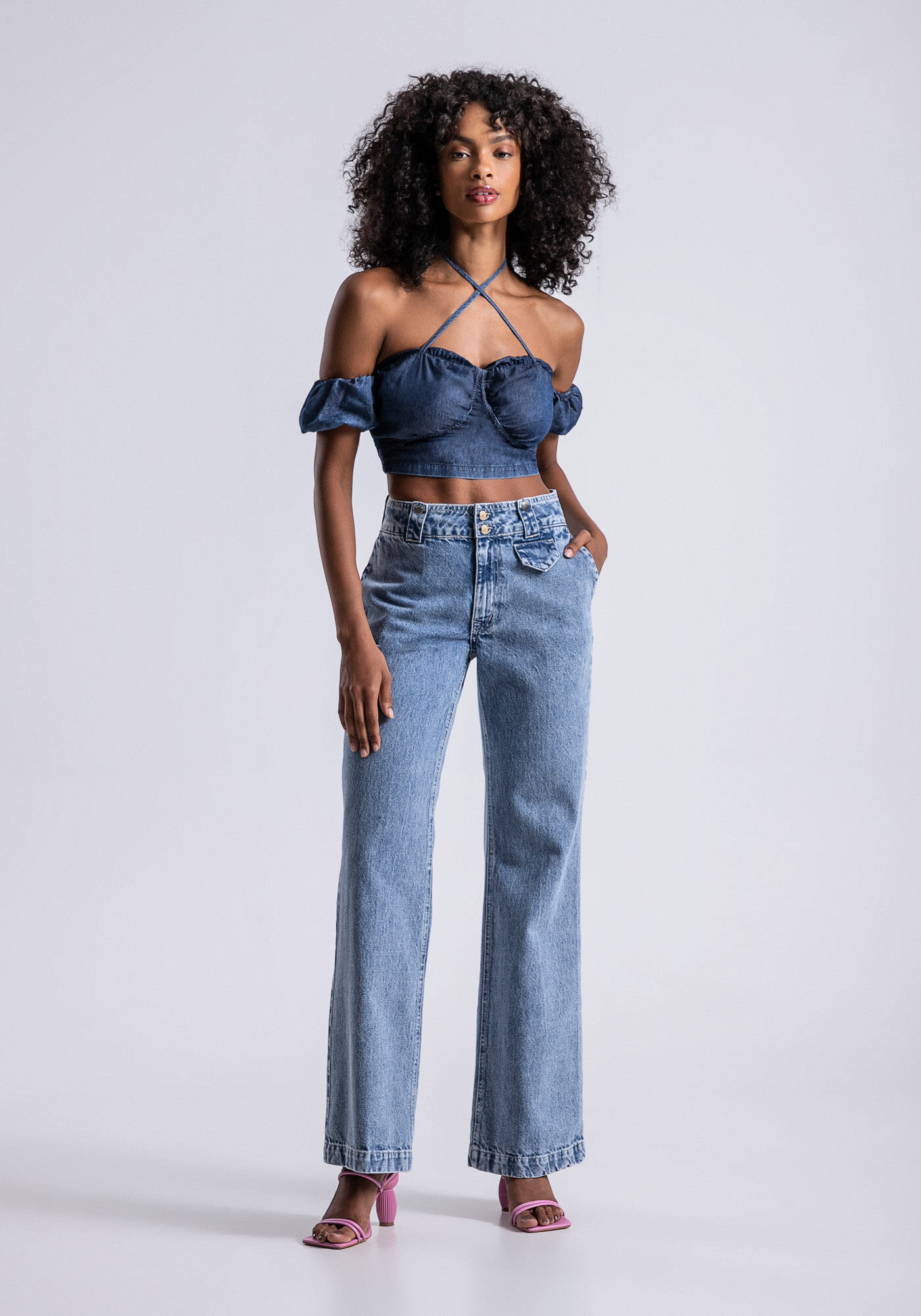 Blusa Jeans com Busto Franzido e Amarra&ccedil;&atilde;o, , large.