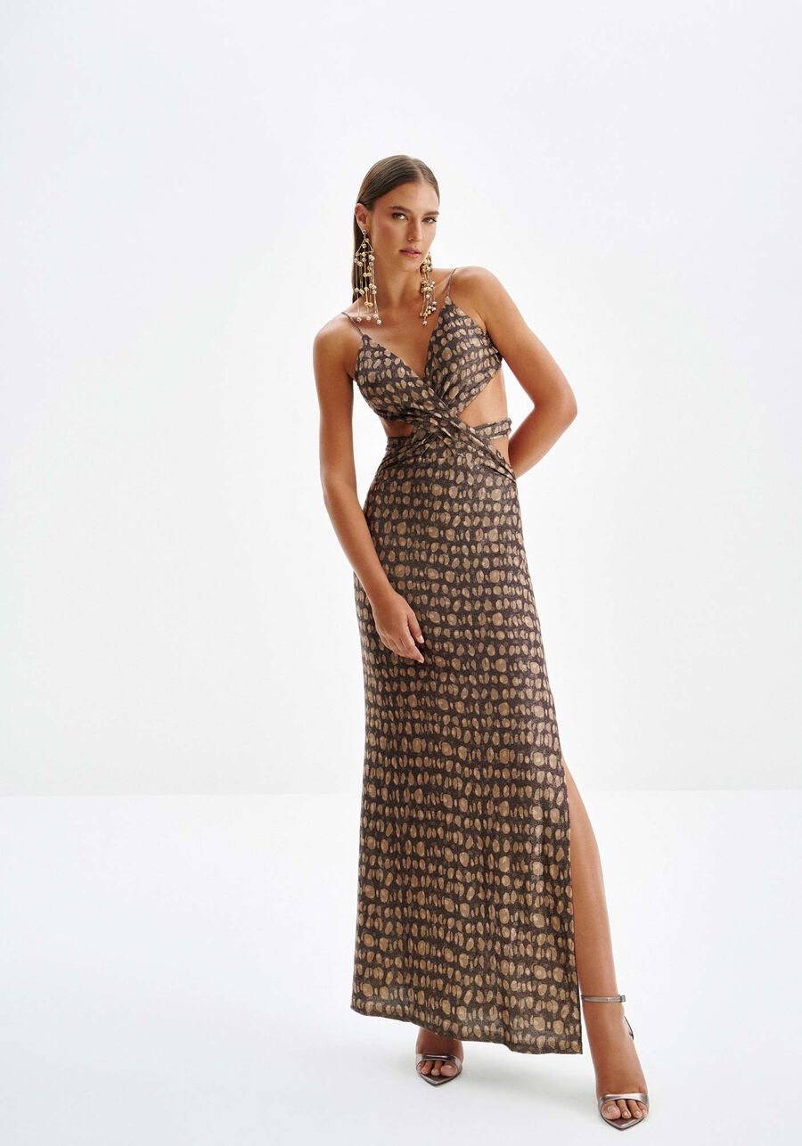 Vestido Longo Estampado com Leve Brilho e Cuts, PANTHER. Vestido Longo Estampado com Leve Brilho e Cuts, PANTHER, large.