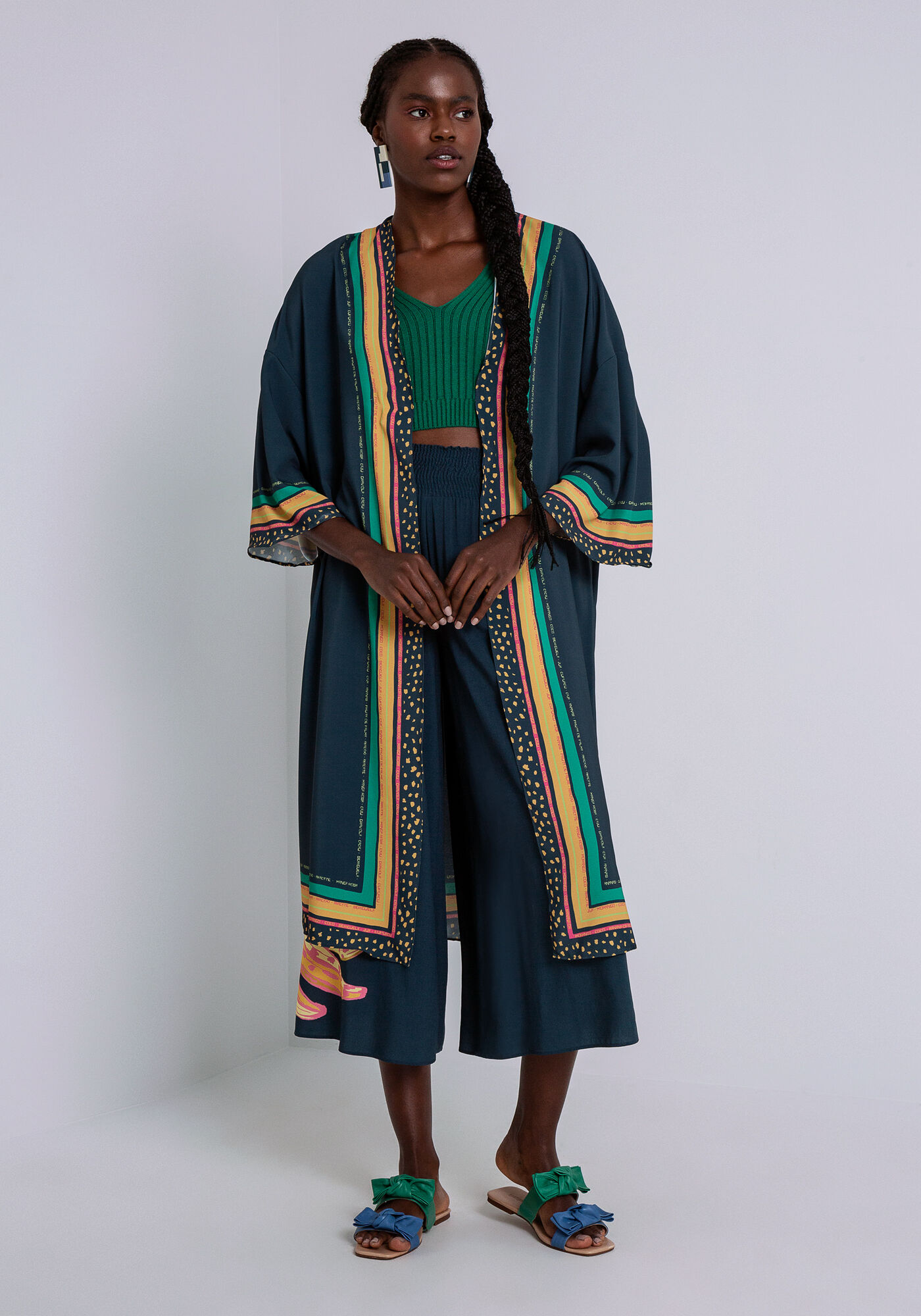 Kimono Longo em Viscose com Mangas 3/4, FRUTA DE PALMA, large.