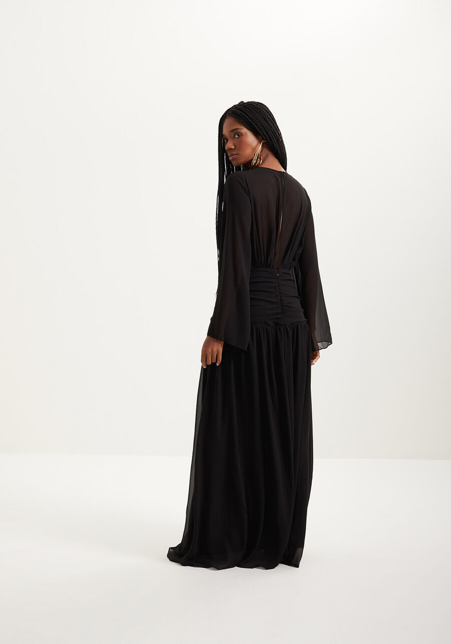 Vestido Longo Franzido Com Mangas Fluidas E Decote Em V, . Vestido Longo Franzido Com Mangas Fluidas E Decote Em V, , large.