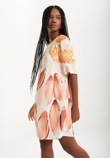 Vestido Curto Estampado De Mangas Curtas Com Decote Redondo, MARROM SANDALWOOD. Vestido Curto Estampado De Mangas Curtas Com Decote Redondo, MARROM SANDALWOOD, large.