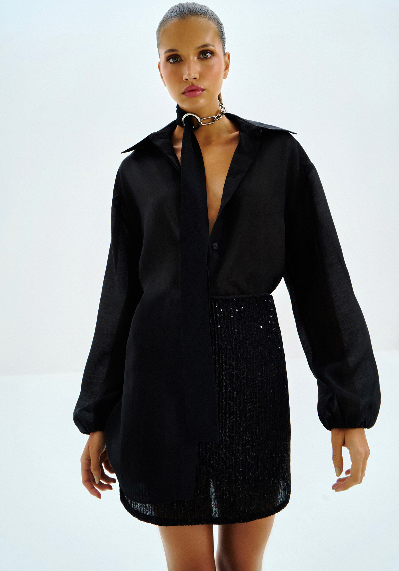 Camisa Alongada em Tecido Lyocel com Transpar&ecirc;ncia, , large.