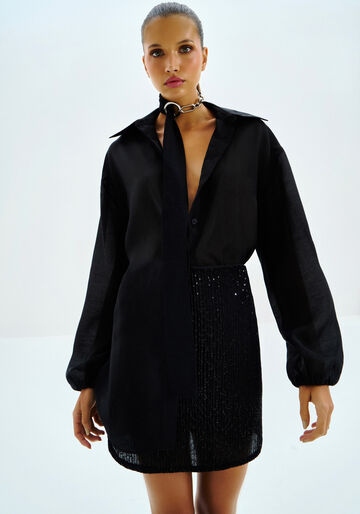 Camisa Alongada em Tecido Lyocel com Transparência, PRETO REATIVO. Camisa Alongada em Tecido Lyocel com Transparência, PRETO REATIVO, large.