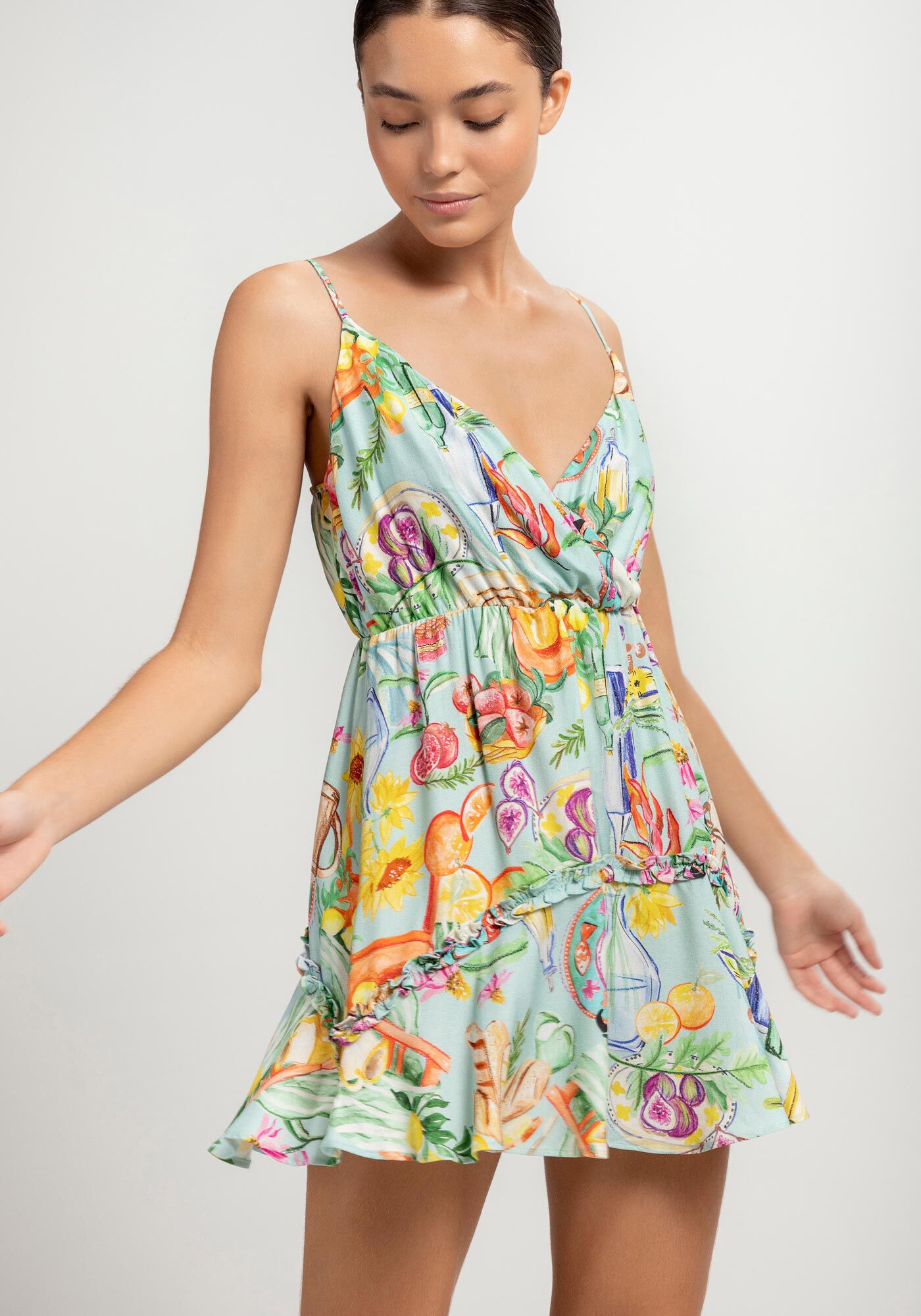 Vestido Curto Evas&ecirc; com Decote Transpassado, DESAYUNO, large.