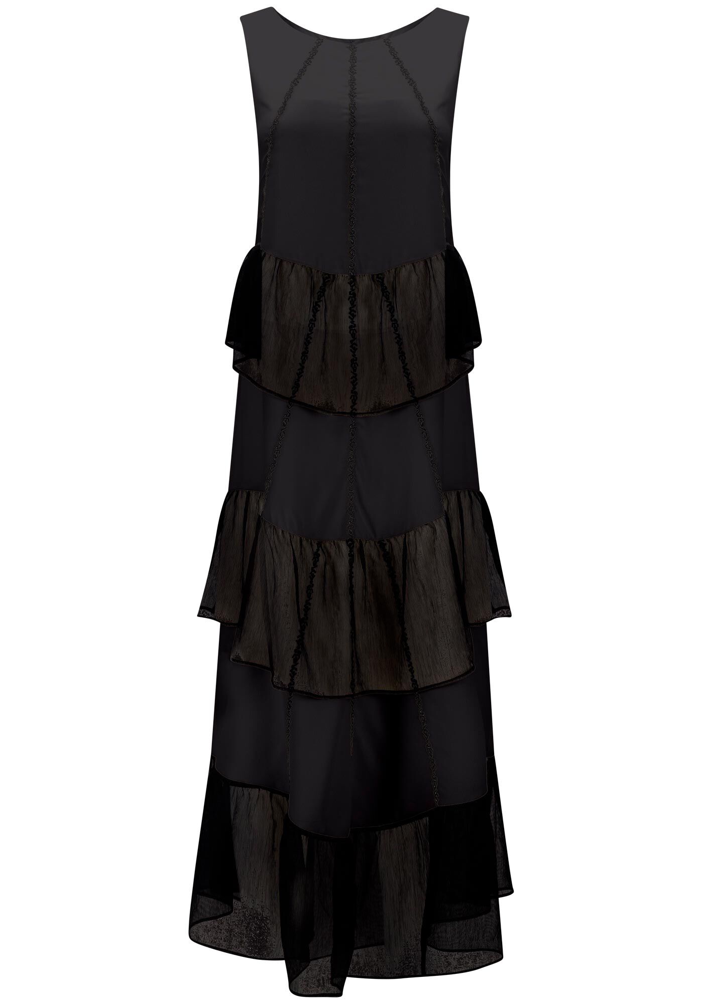 Vestido Longo com Babado e Transpar&ecirc;ncia, , large.