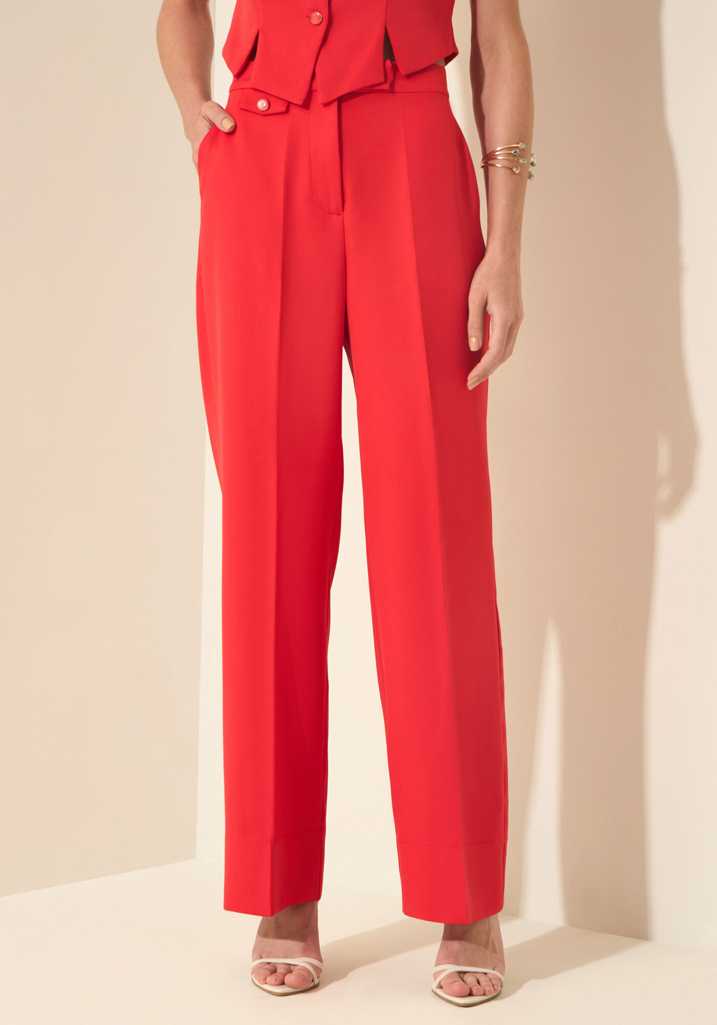 Cal&ccedil;a Reta De Cintura Alta Em Alfaiataria, VERMELHO POWER, large.