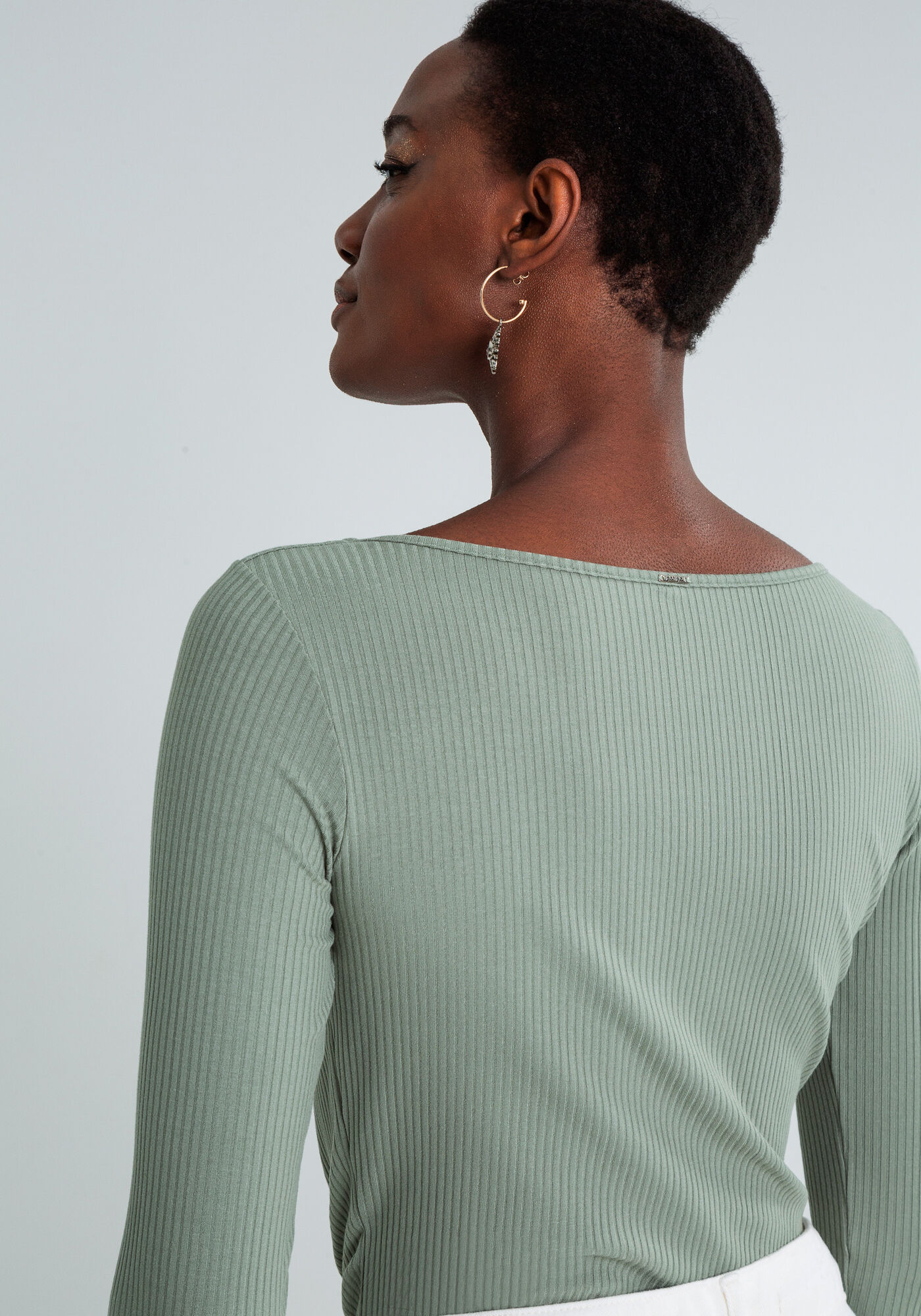Blusa Manga Longa Recorte V Decote, VERDE, large.