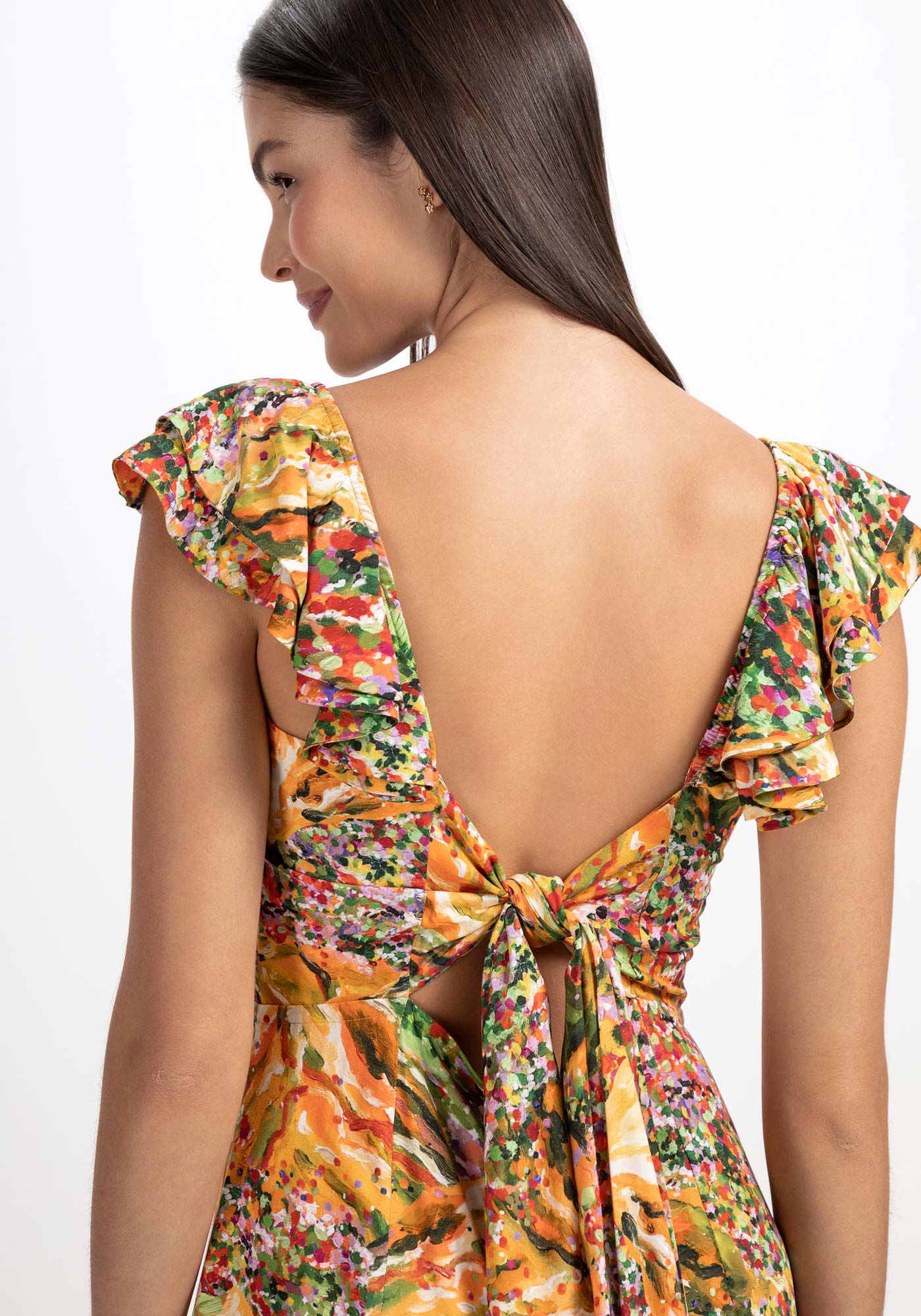 Macac&atilde;o Midi Estampado em Viscose com Babados, , large.