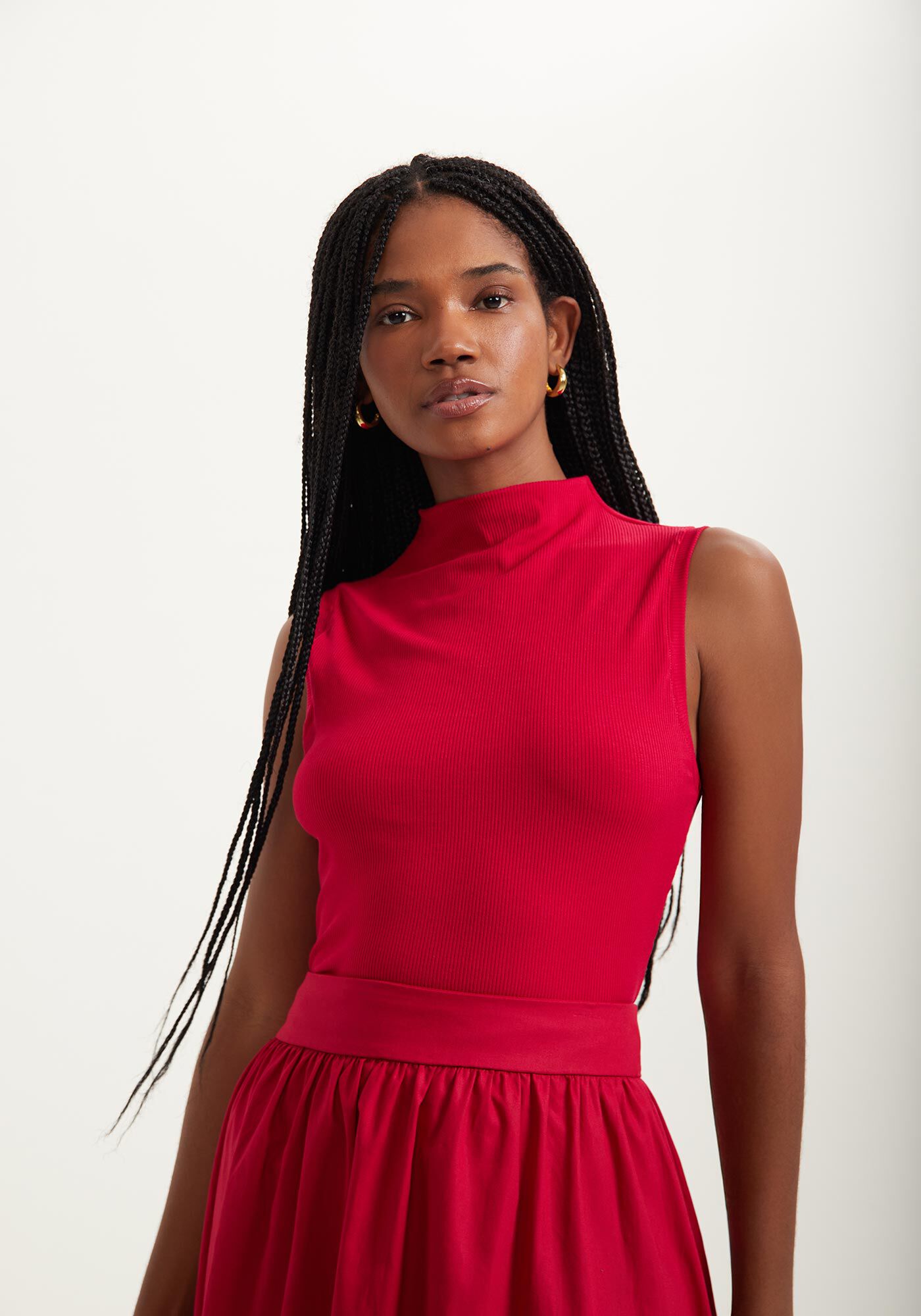 Blusa Sem Mangas Canelada Com Gola Alta Em Malha, , large.