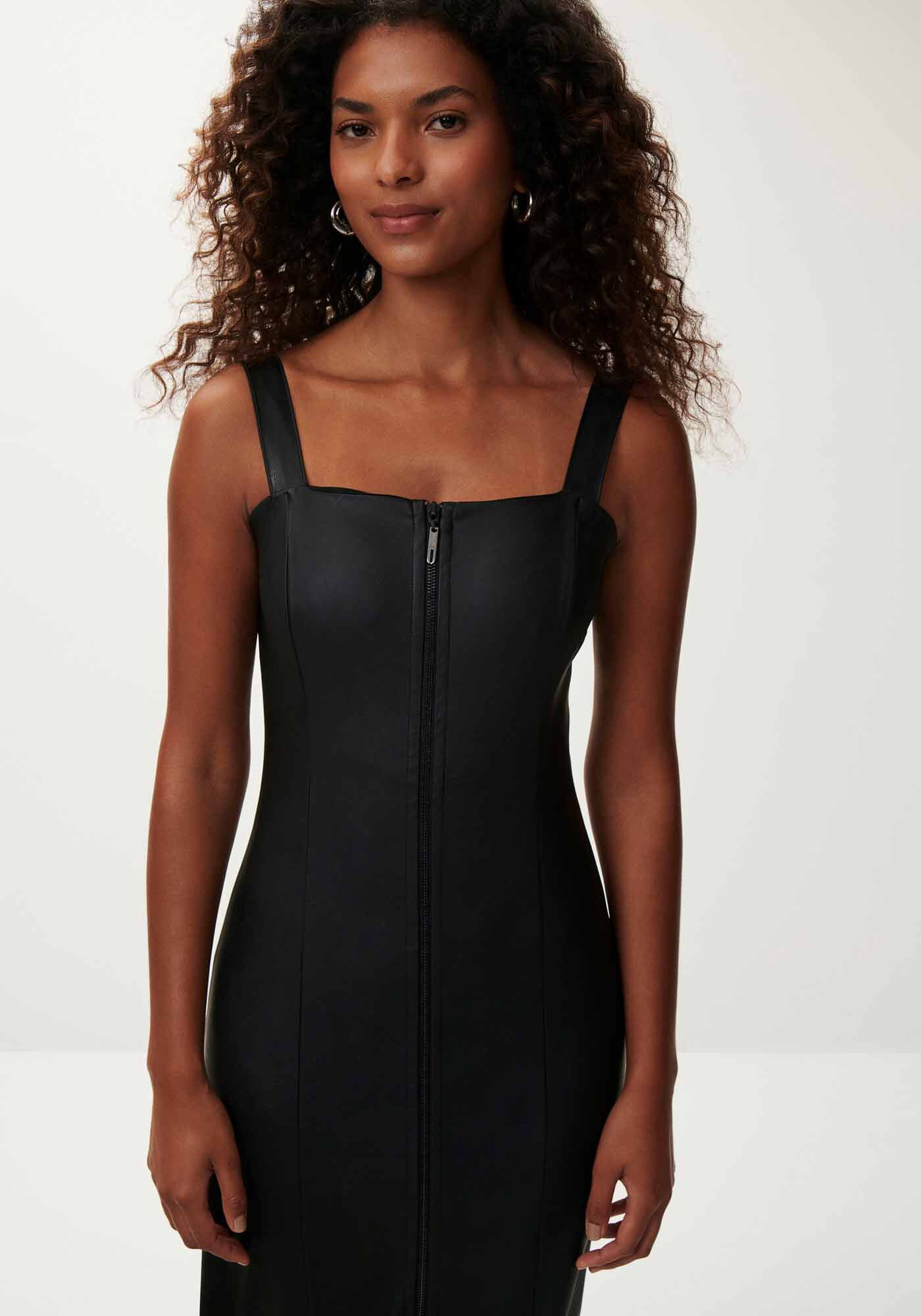 Vestido Midi em PU com Z&iacute;per e Fenda, PRETO REATIVO, large.
