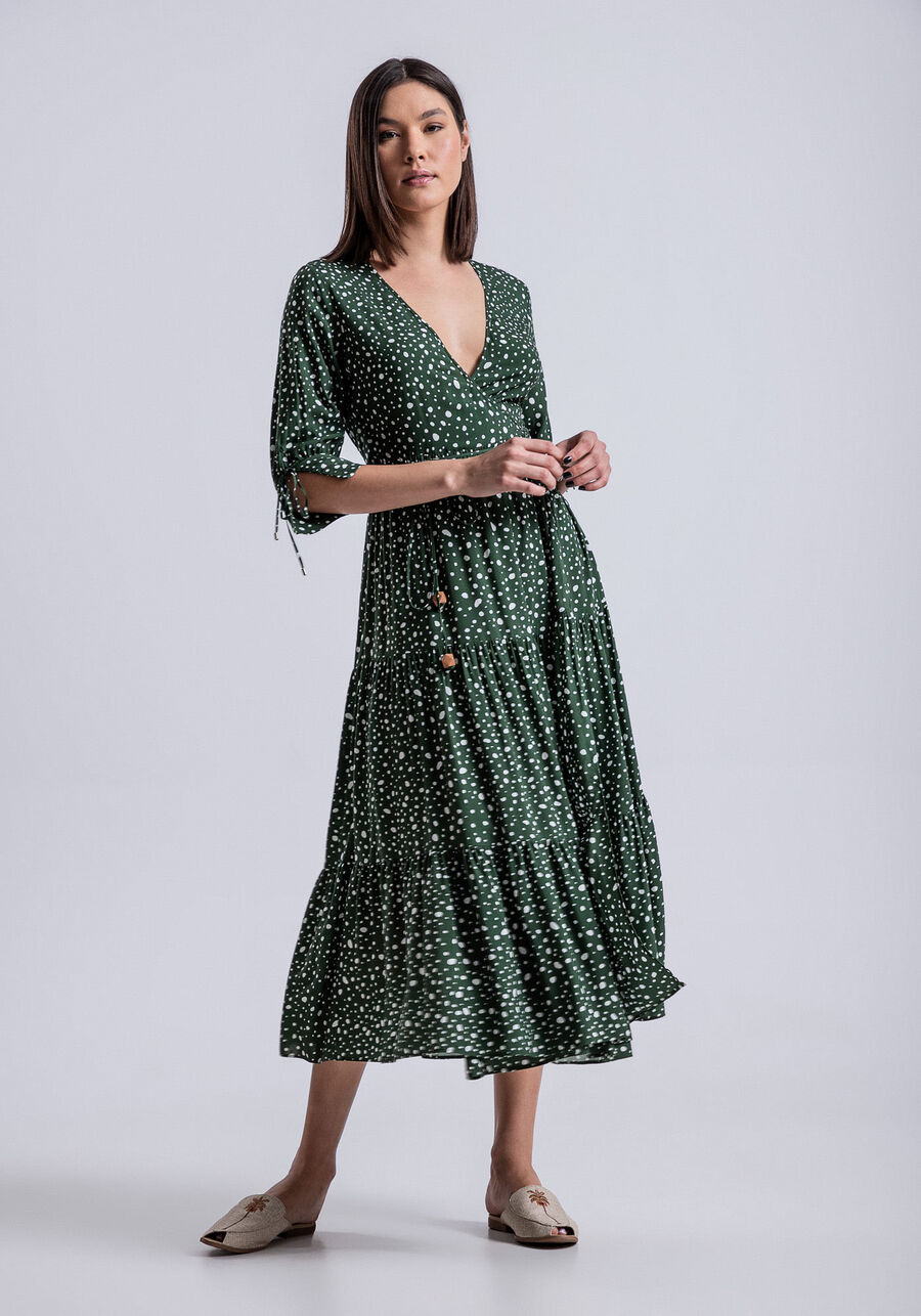 Vestido Midi Manga 3/4 em Viscose Transpassado, . Vestido Midi Manga 3/4 em Viscose Transpassado, , large.